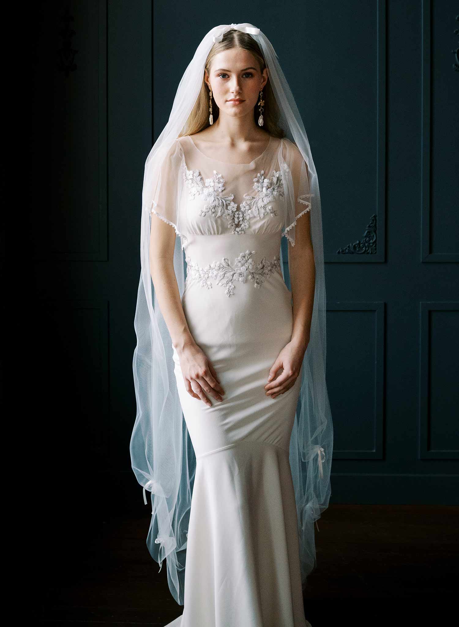 Bridgerton, Castle core, Victorian inspired, soft tulle veil with scalloped and gathered bottom with silk bows by Twigs & Honey.