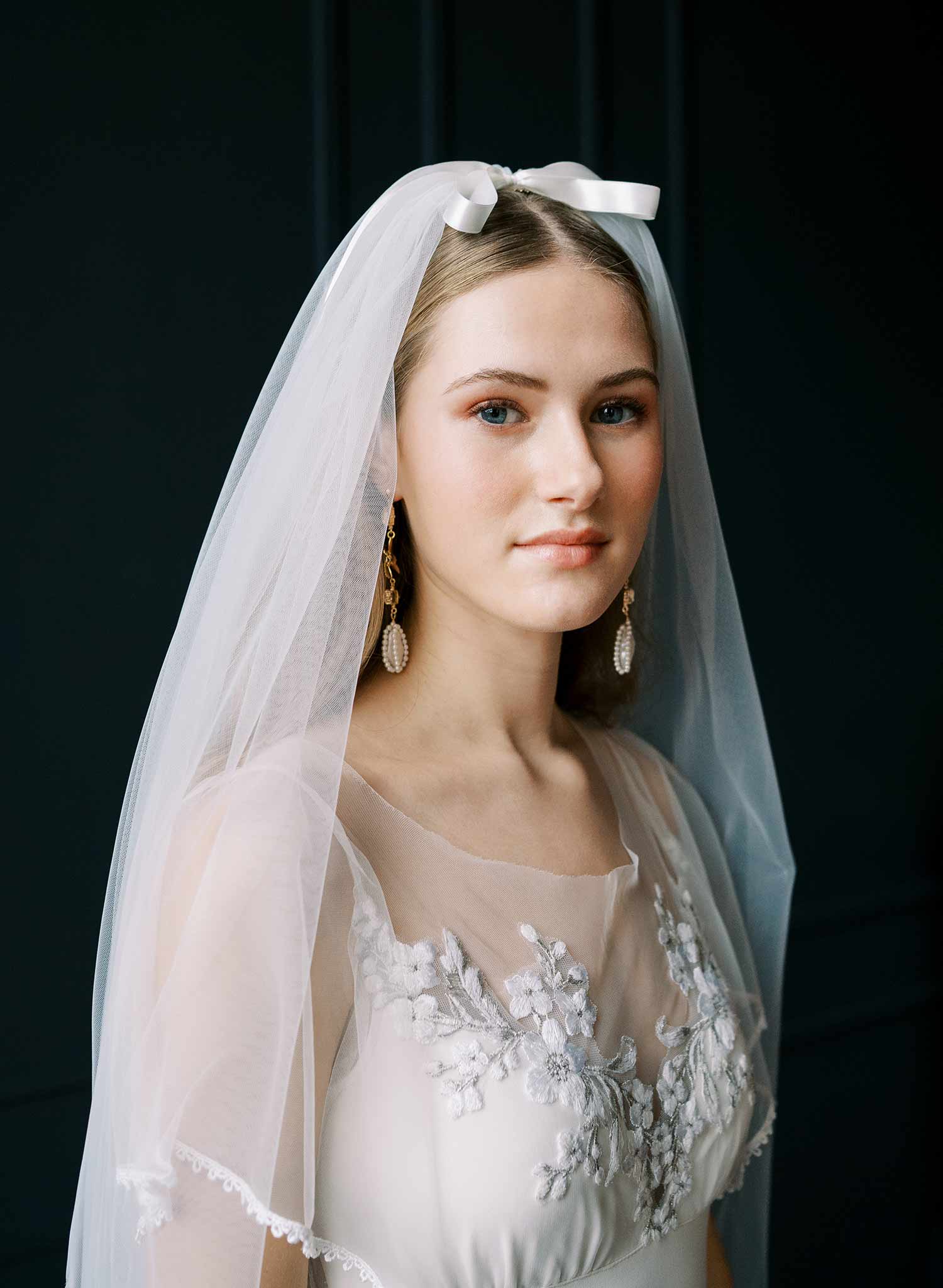 Bridgerton, Castle core, Victorian inspired, soft tulle veil with scalloped and gathered bottom with silk bows by Twigs & Honey.