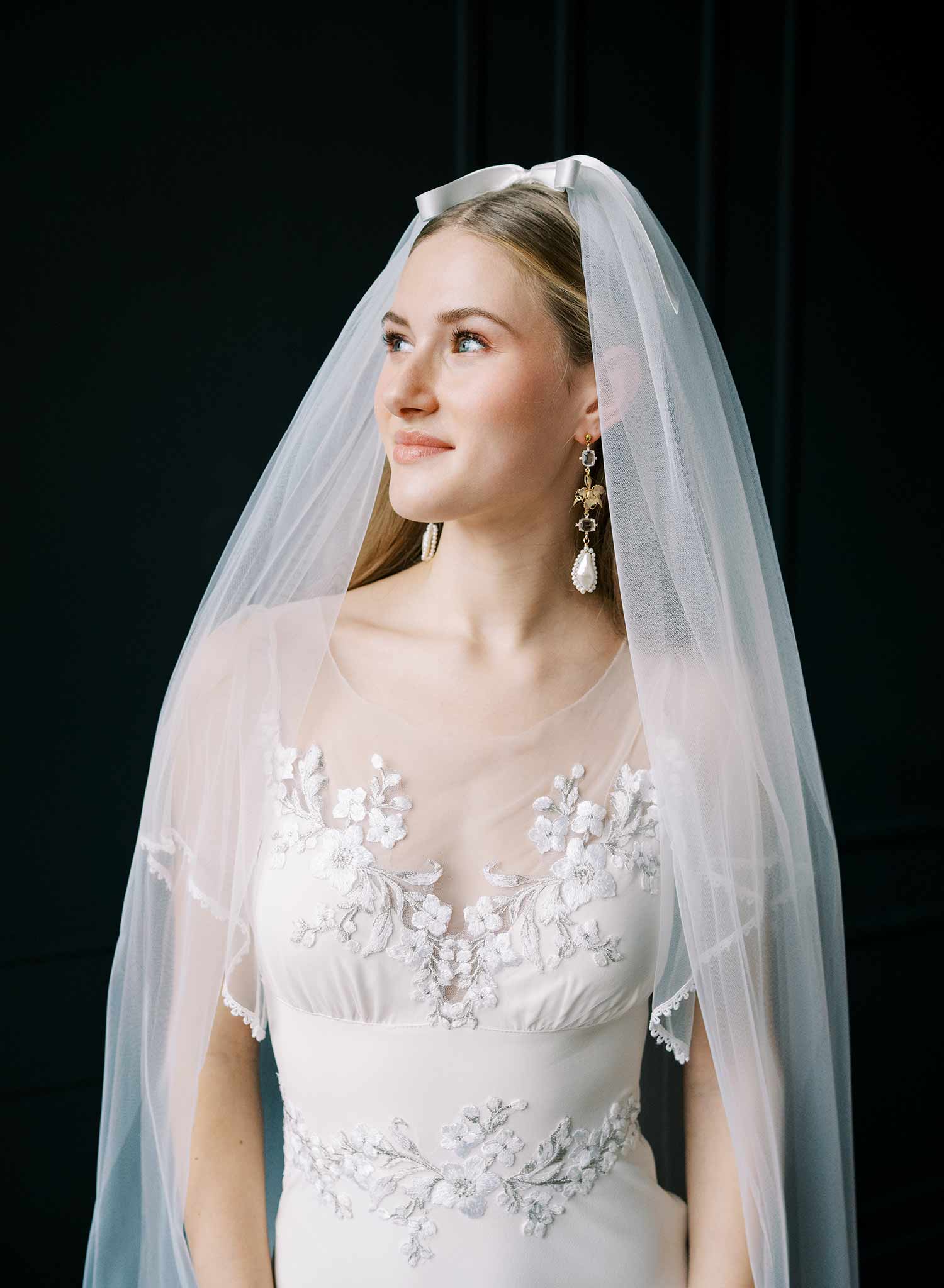 Bridgerton, Castle core, Victorian inspired, soft tulle veil with scalloped and gathered bottom with silk bows by Twigs & Honey.