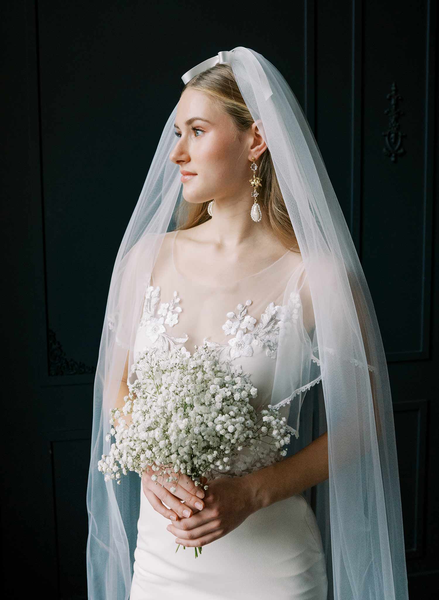 Bridgerton, Castle core, Victorian inspired, soft tulle veil with scalloped and gathered bottom with silk bows by Twigs & Honey.