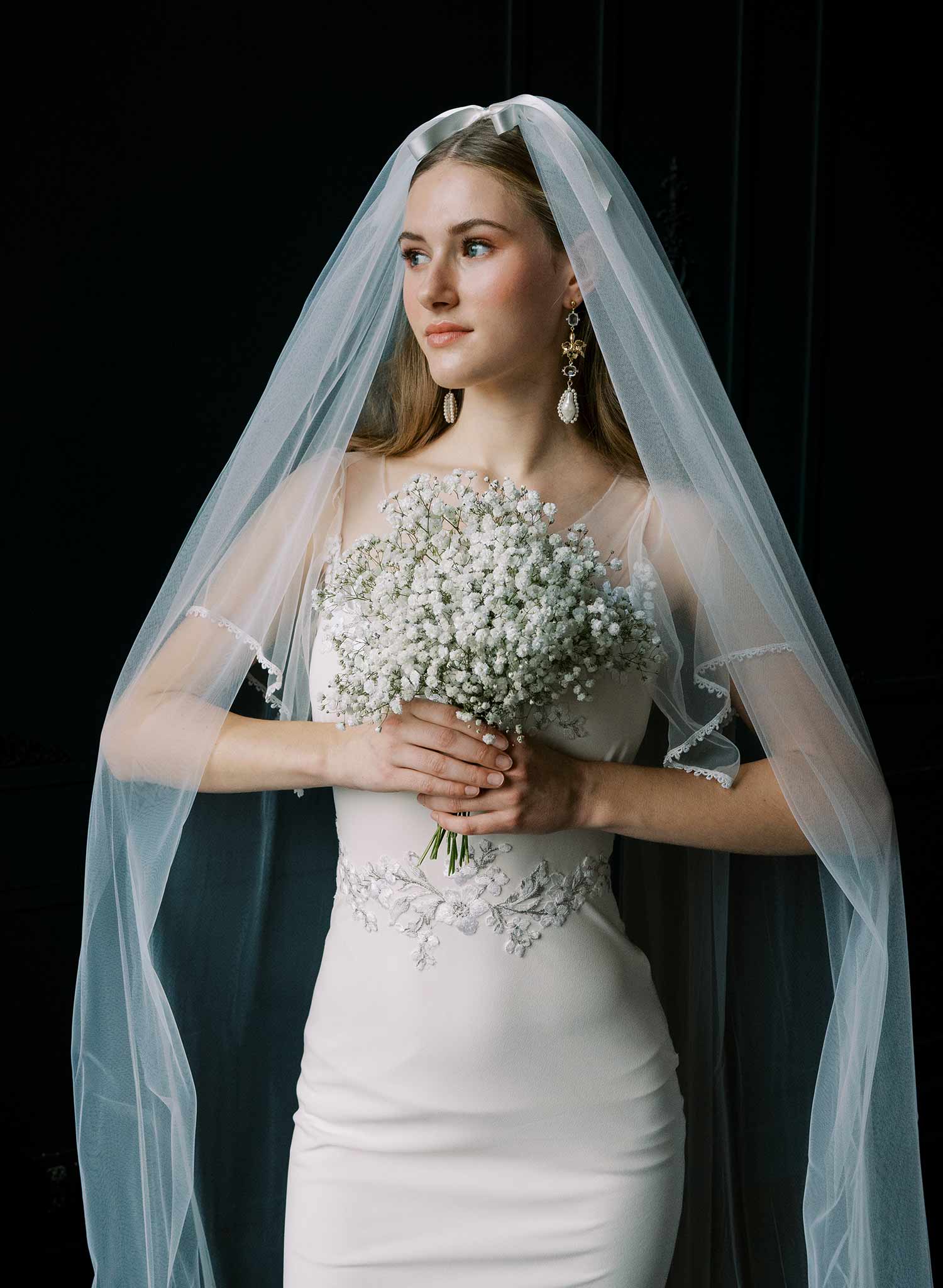 Bridgerton, Castle core, Victorian inspired, soft tulle veil with scalloped and gathered bottom with silk bows by Twigs & Honey.