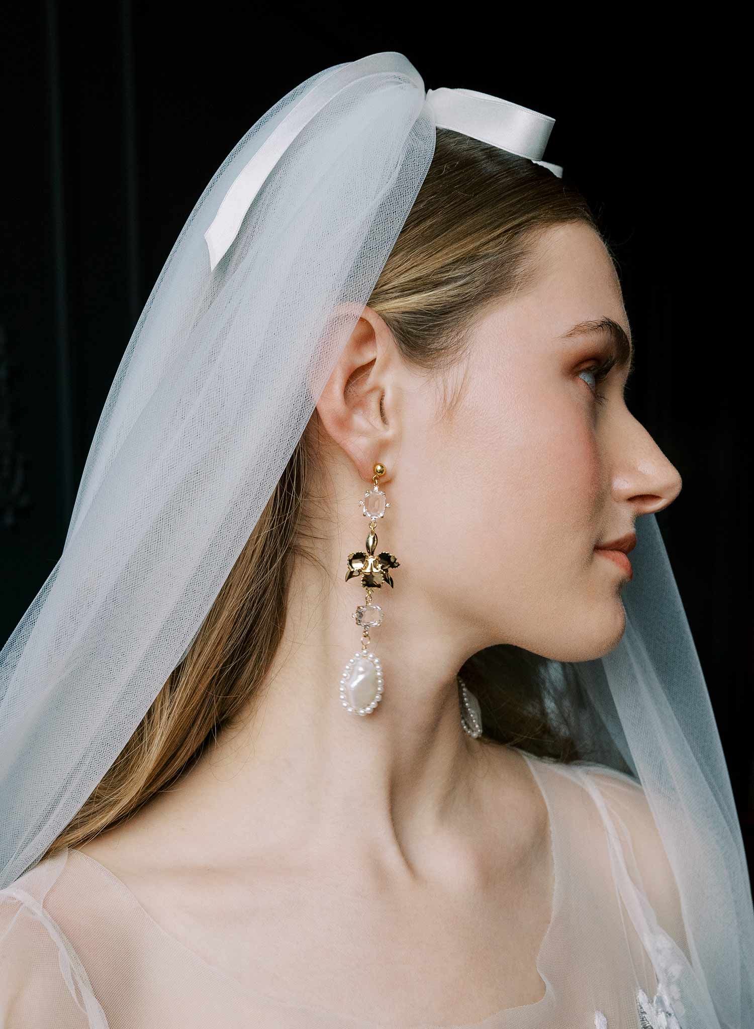 Bridgerton, Castle core, Victorian inspired, soft tulle veil with scalloped and gathered bottom with silk bows by Twigs & Honey.