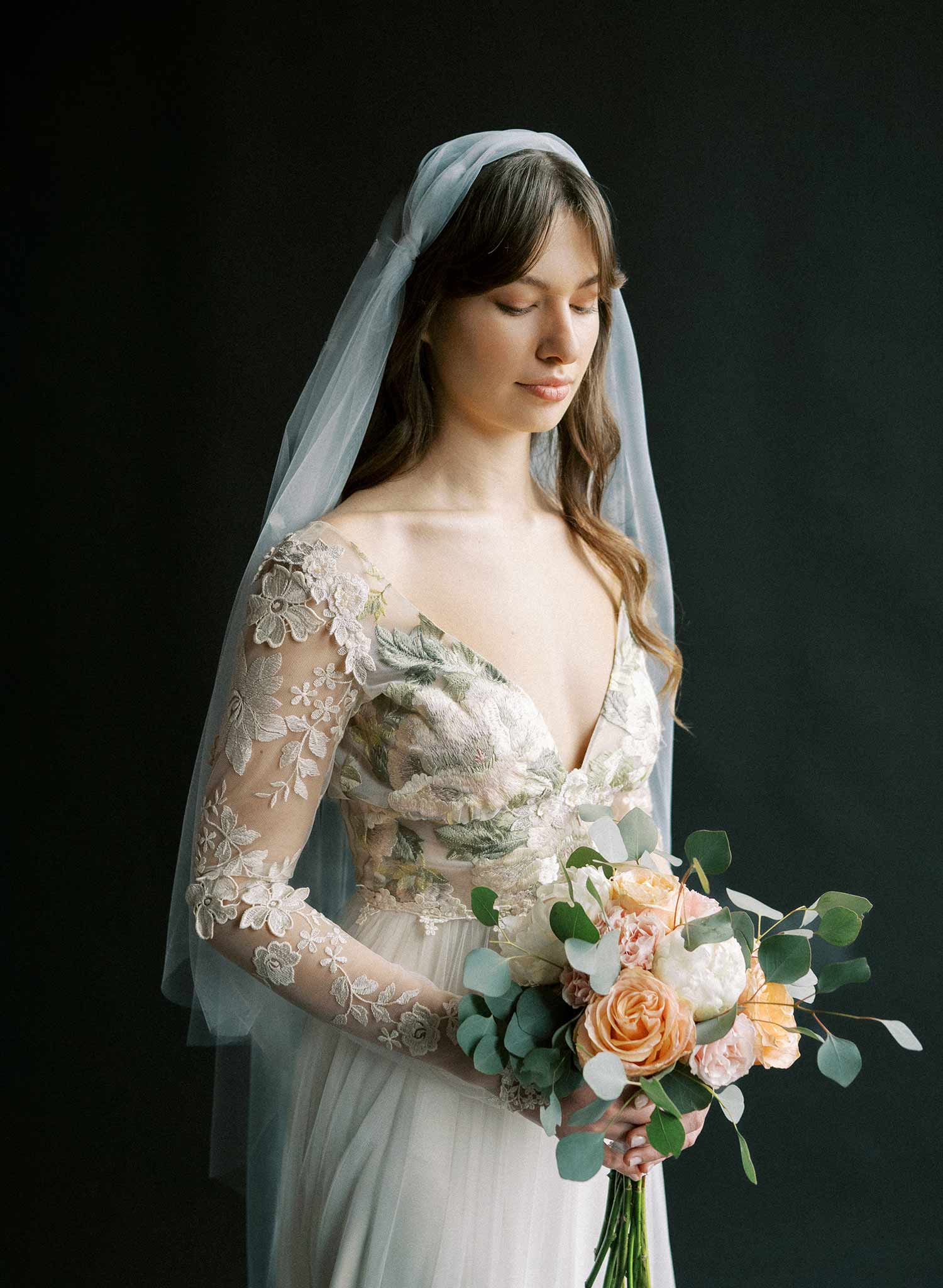 Vintage inspired bridal juliet veil with ultra soft tulle and silk flowers. By Twigs and Honey.