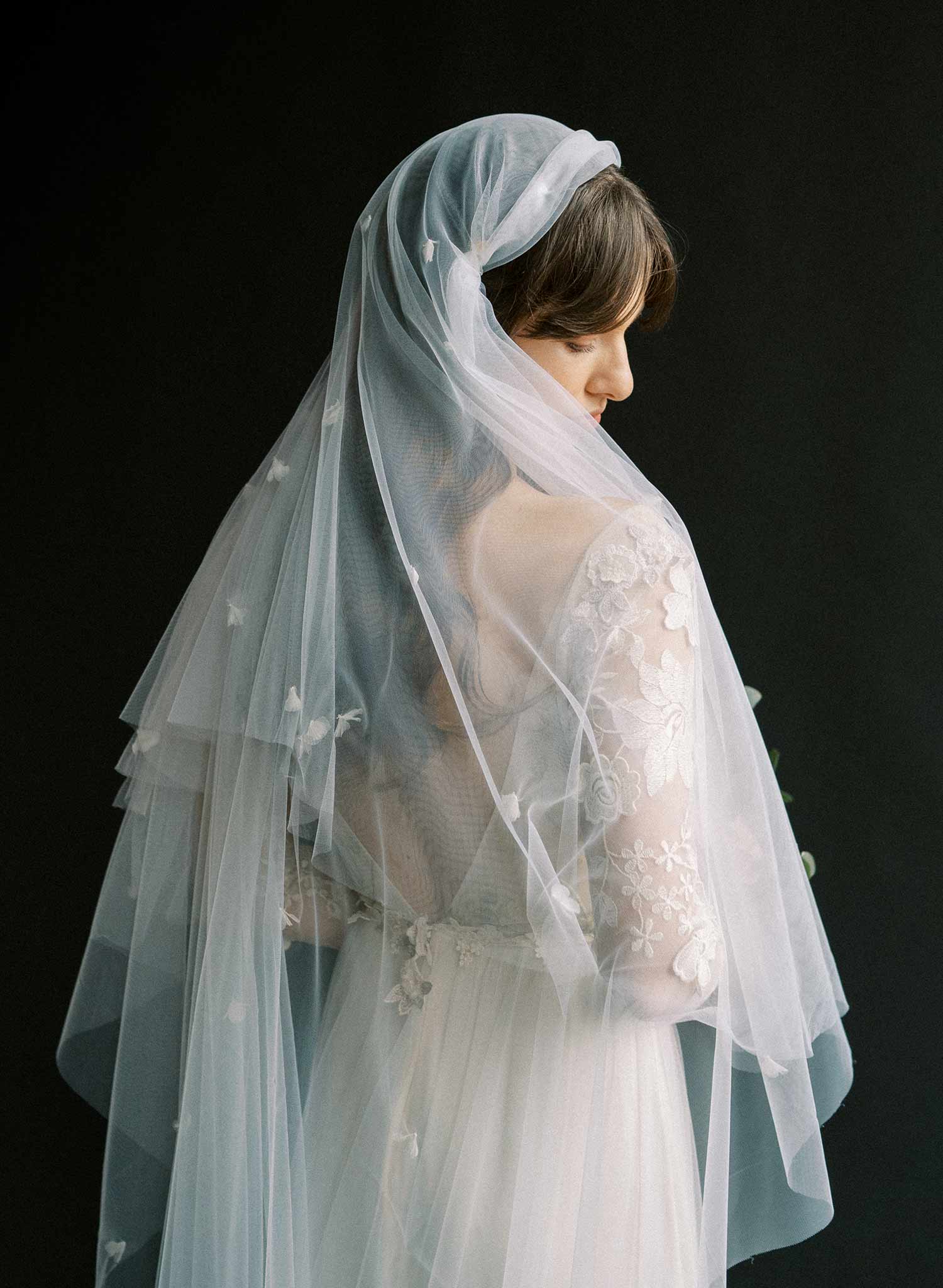 Vintage inspired bridal juliet veil with ultra soft tulle and silk flowers. By Twigs and Honey.