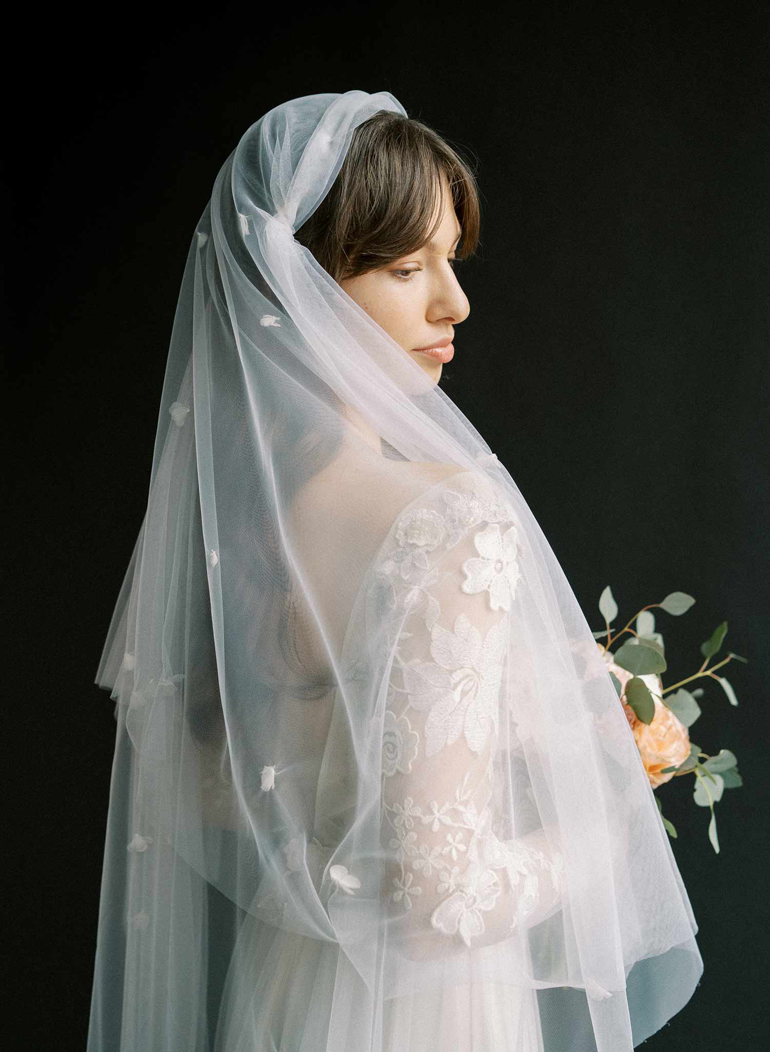 Vintage inspired bridal juliet veil with ultra soft tulle and silk flowers. By Twigs and Honey.