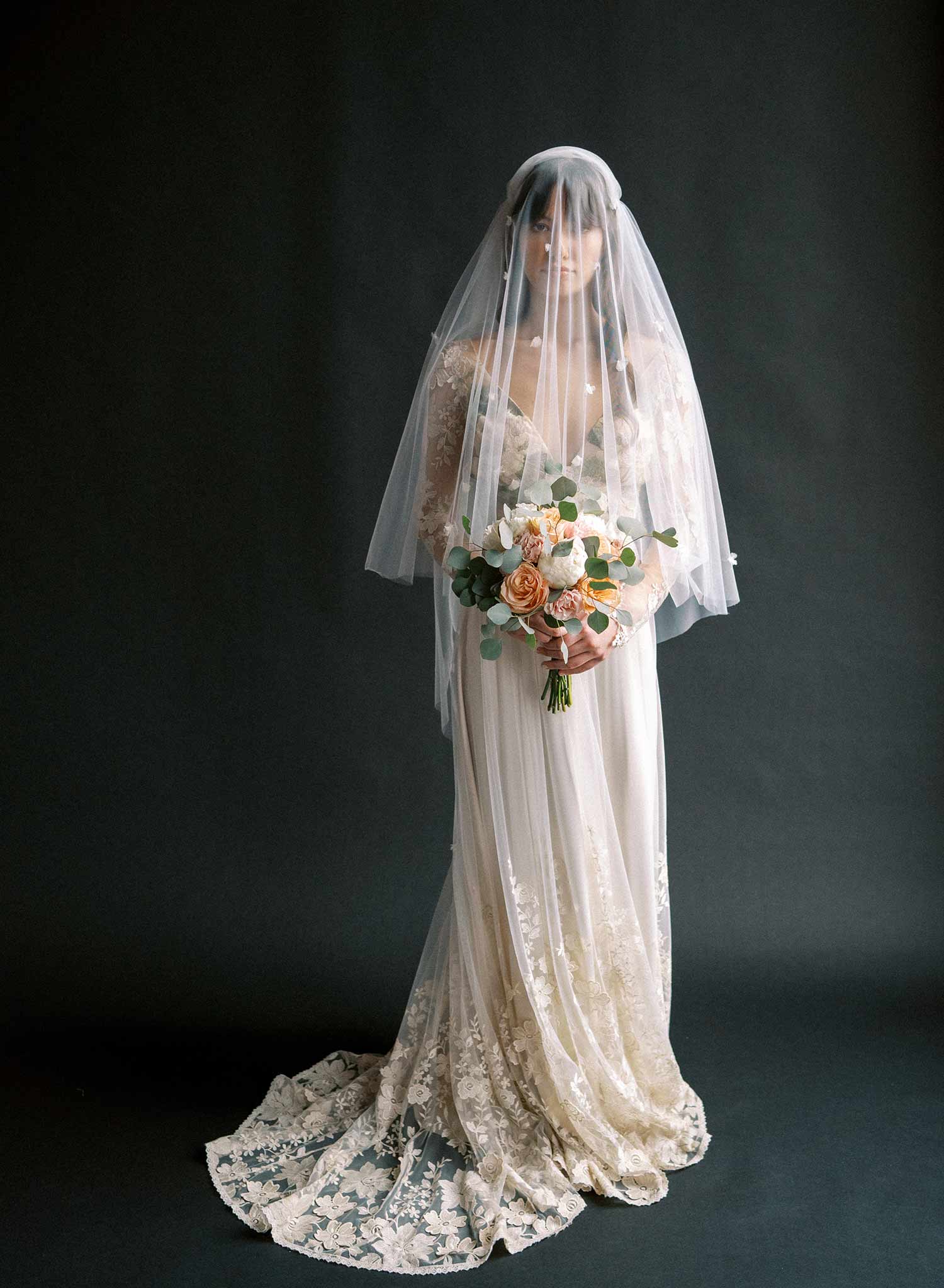 Vintage inspired bridal juliet veil with ultra soft tulle and silk flowers. By Twigs and Honey.