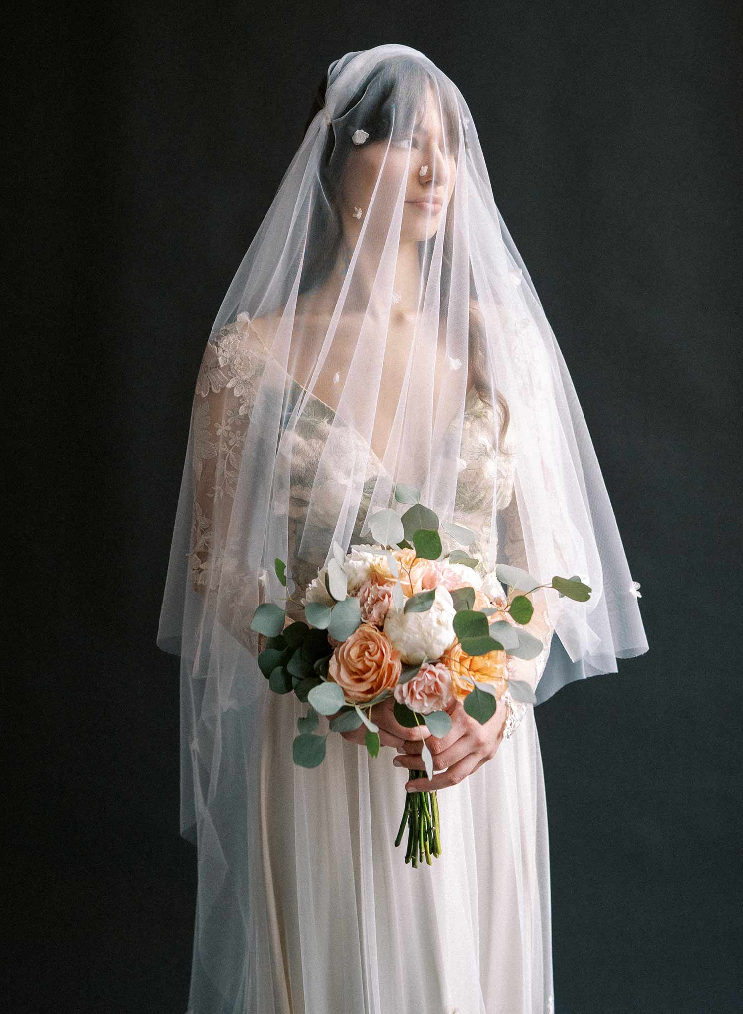 Vintage inspired bridal juliet veil with ultra soft tulle and silk flowers. By Twigs and Honey.