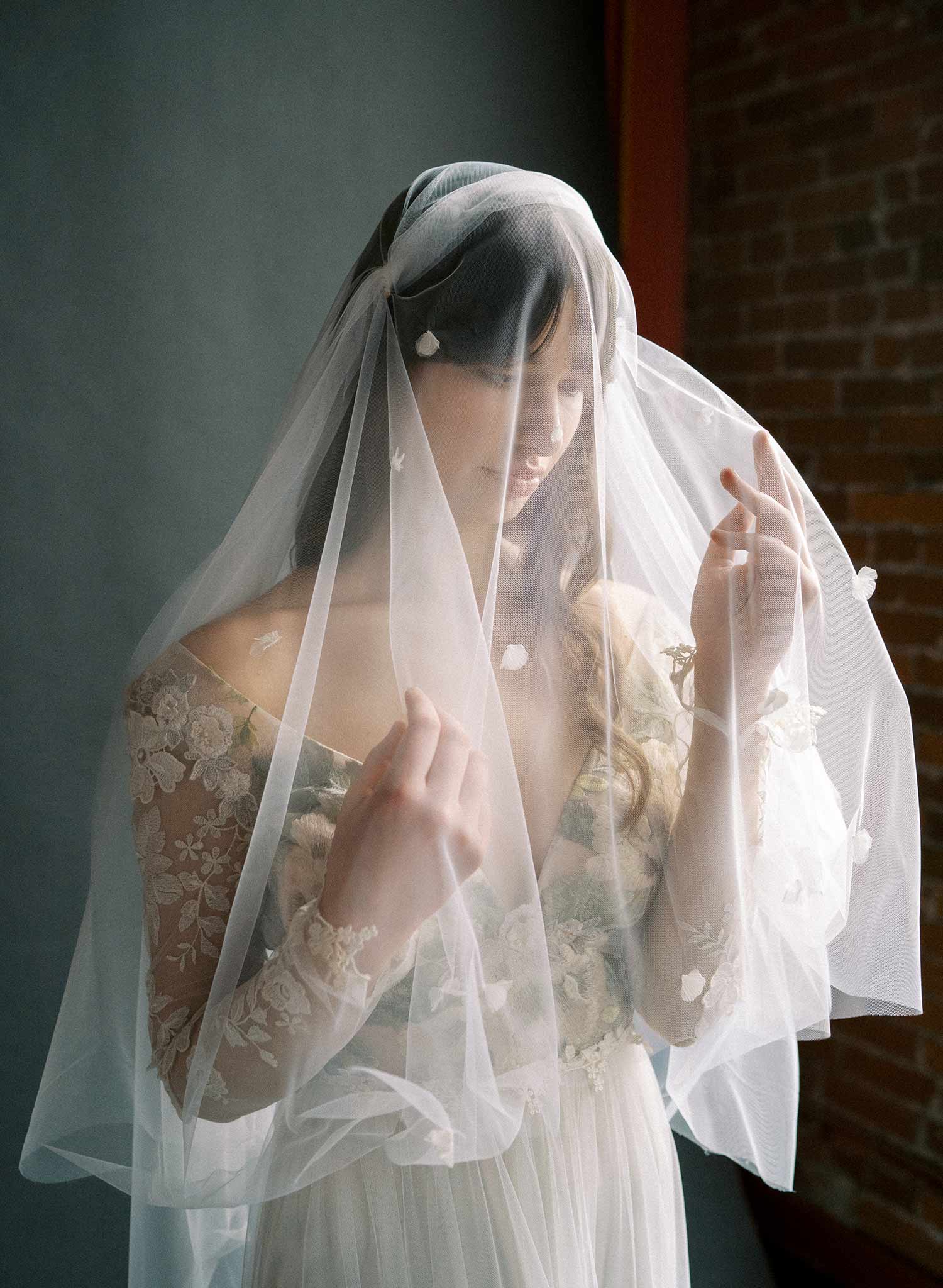 Vintage inspired bridal juliet veil with ultra soft tulle and silk flowers. By Twigs and Honey.