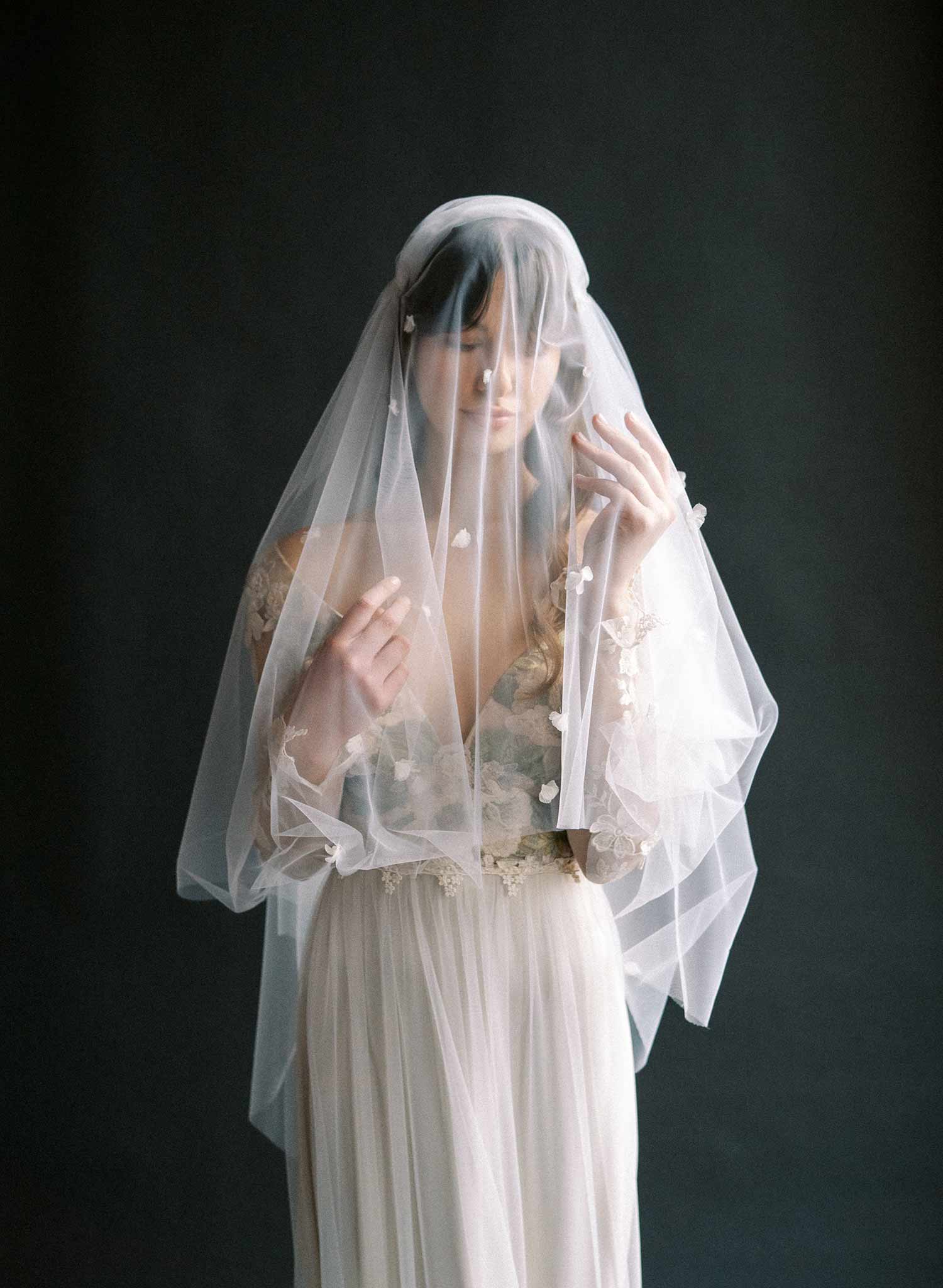 Vintage inspired bridal juliet veil with ultra soft tulle and silk flowers. By Twigs and Honey.