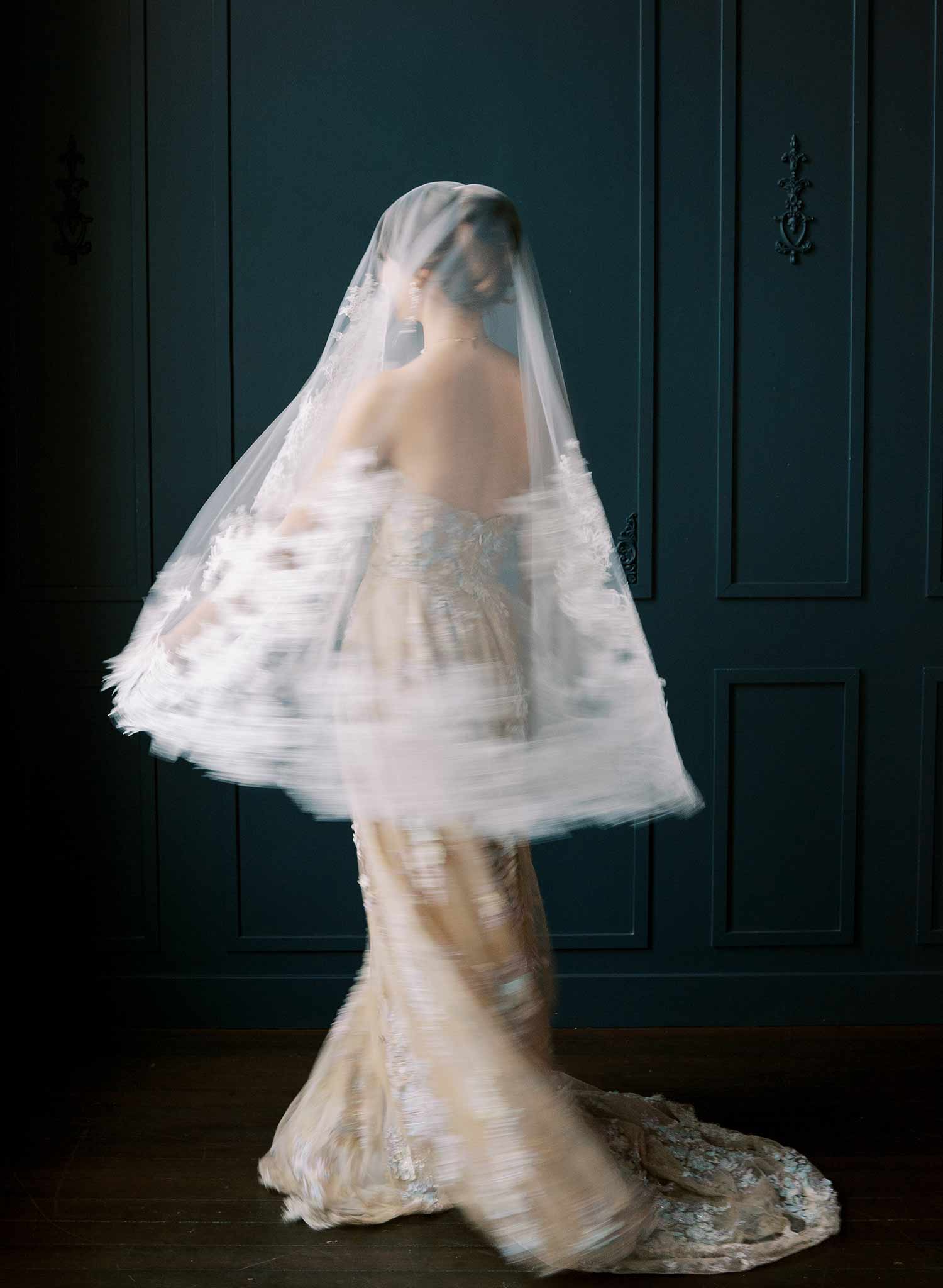 Modern, abstract alencon lace trimmed bridal veil with blusher by Twigs and Honey.