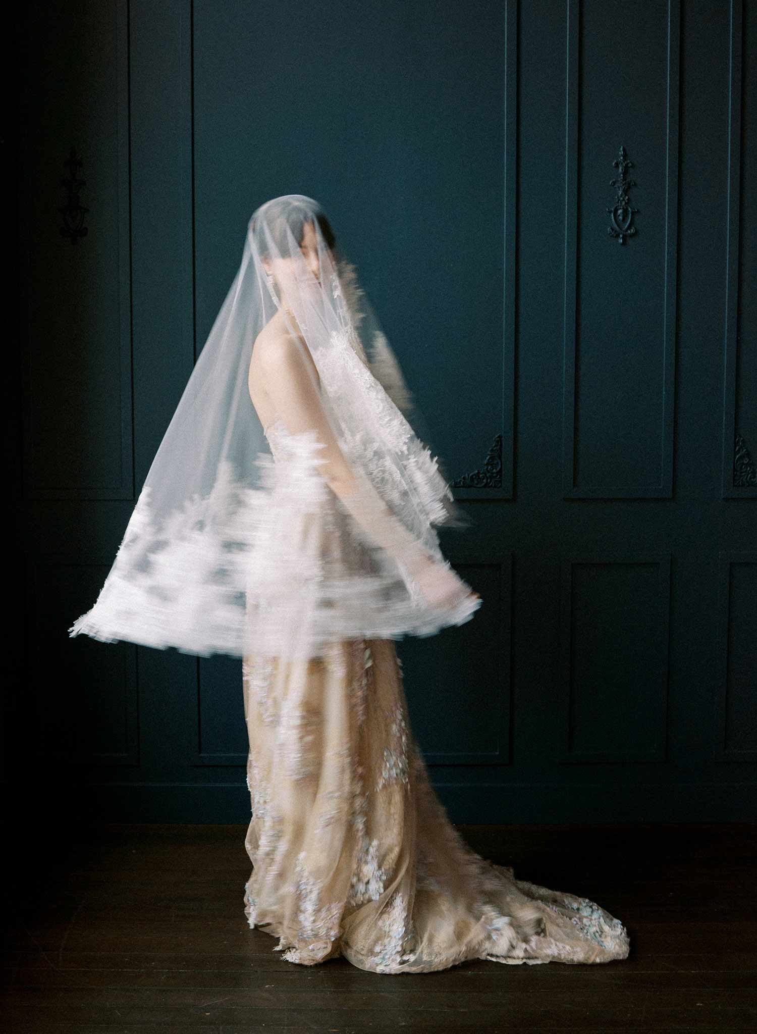 Modern, abstract alencon lace trimmed bridal veil with blusher by Twigs and Honey.