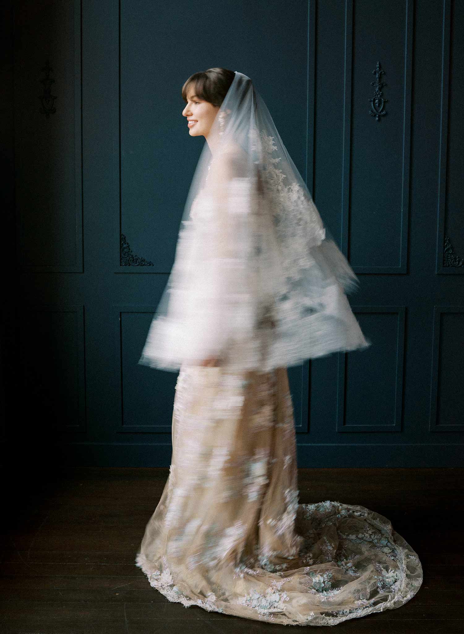 Modern, abstract alencon lace trimmed bridal veil with blusher by Twigs and Honey.