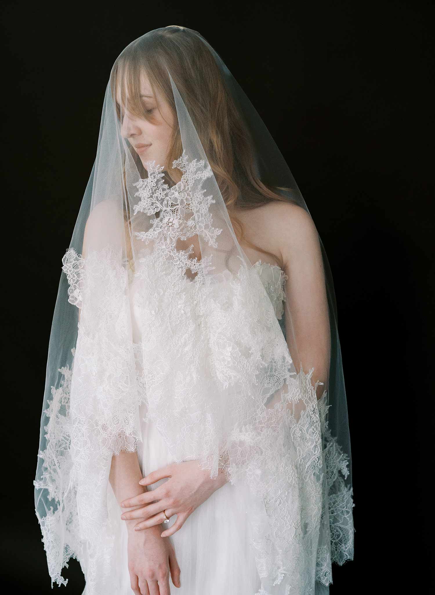 Modern, abstract alencon lace trimmed bridal veil with blusher by Twigs and Honey.