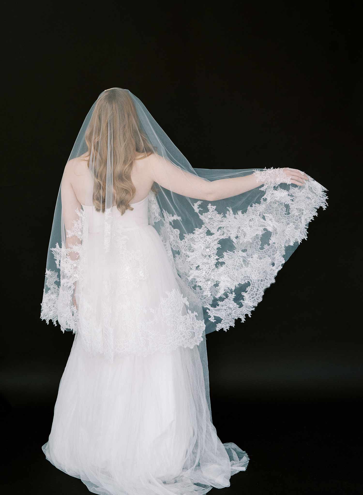 Modern, abstract alencon lace trimmed bridal veil with blusher by Twigs and Honey.