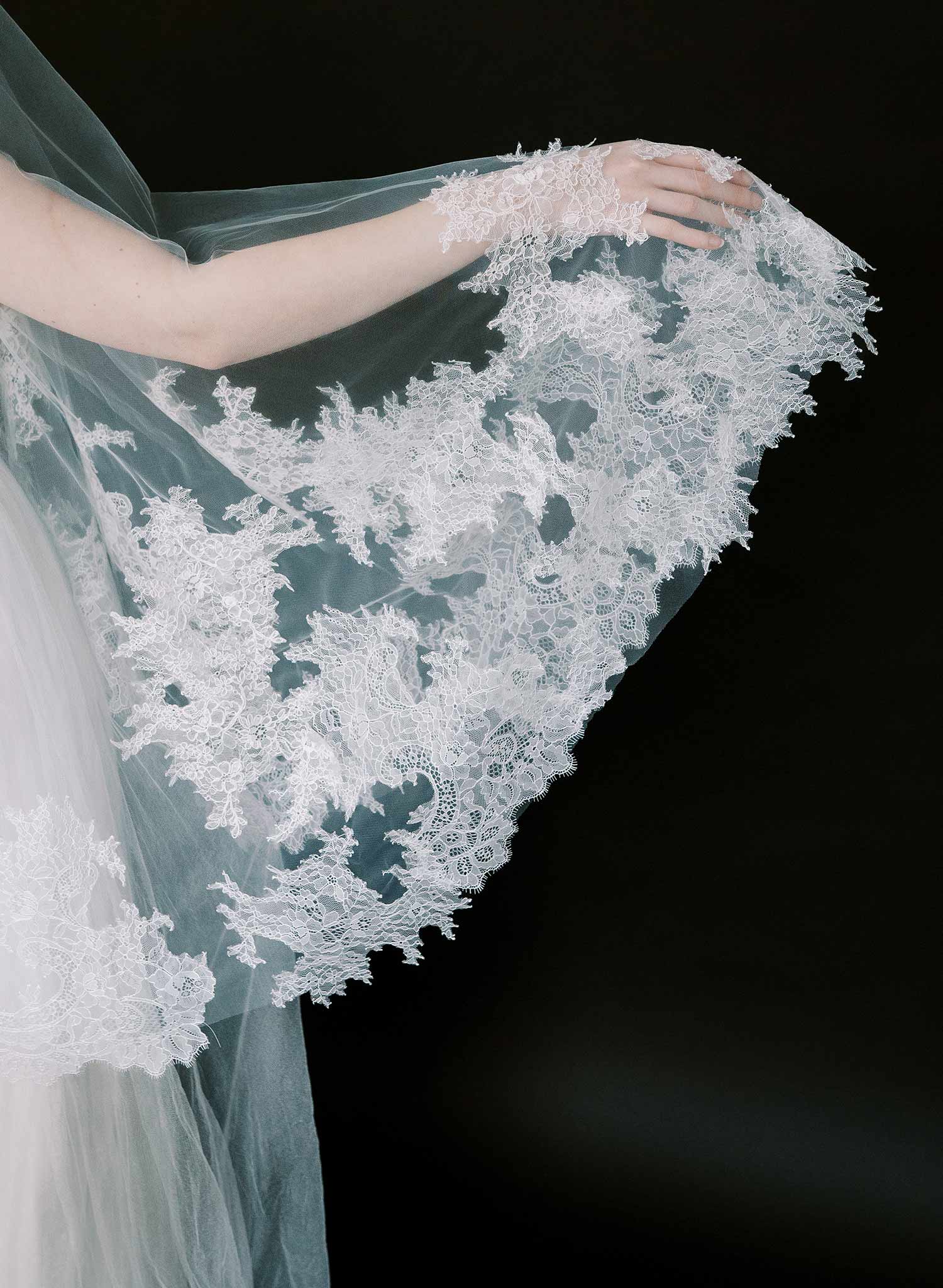 Modern, abstract alencon lace trimmed bridal veil with blusher by Twigs and Honey.