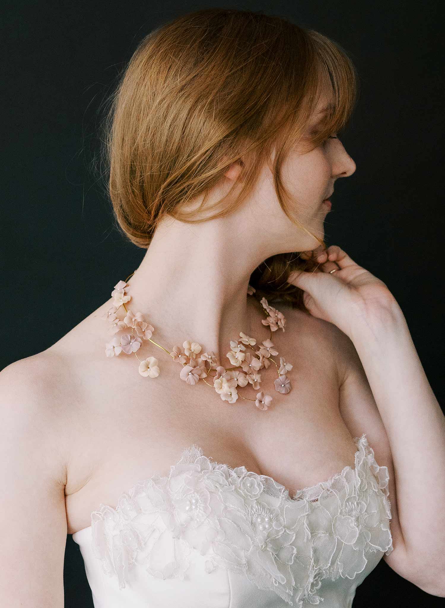 Hand sculpted clay flower bridal necklace in blush by Twigs & Honey.