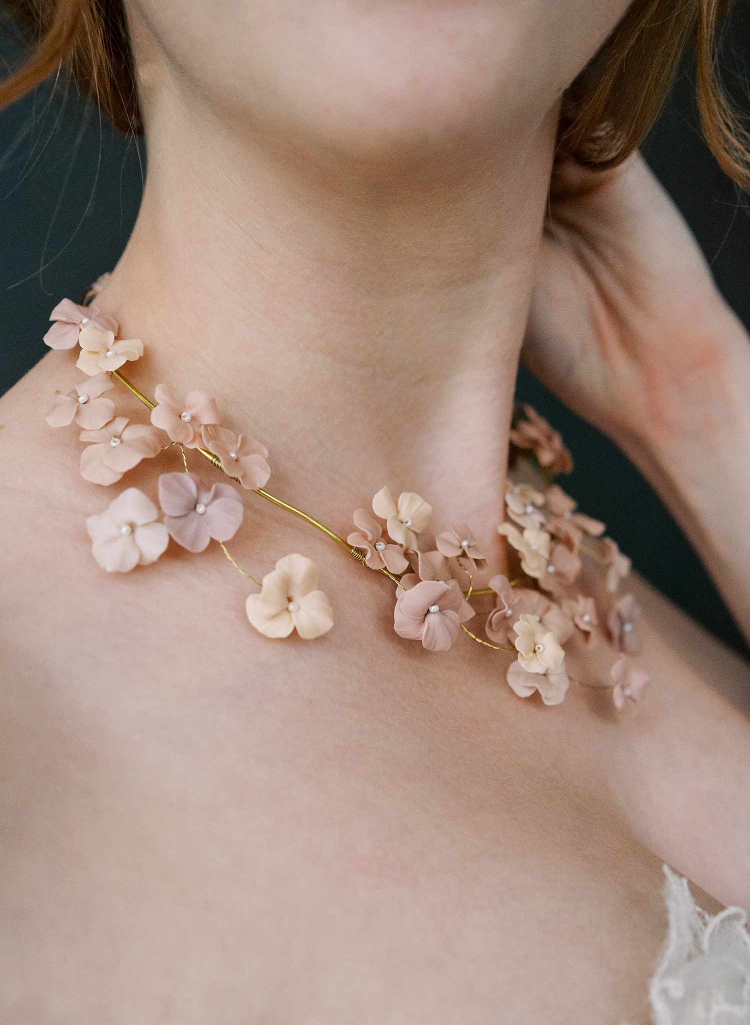 Hand sculpted clay flower bridal necklace in blush by Twigs & Honey.