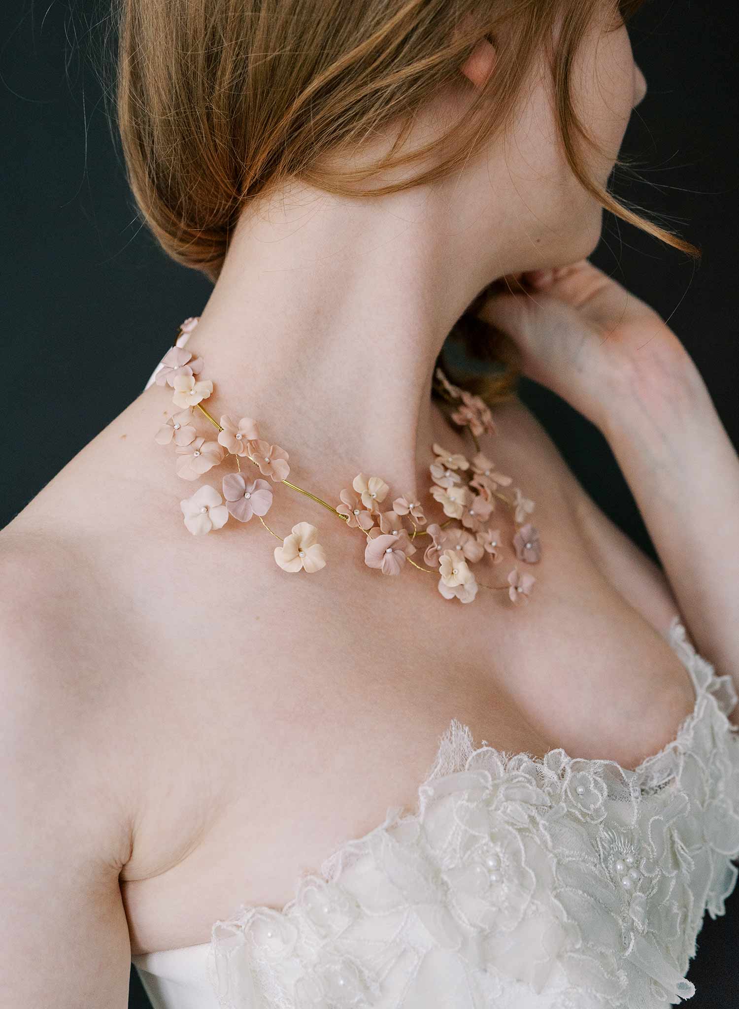 Hand sculpted clay flower bridal necklace in blush by Twigs & Honey.