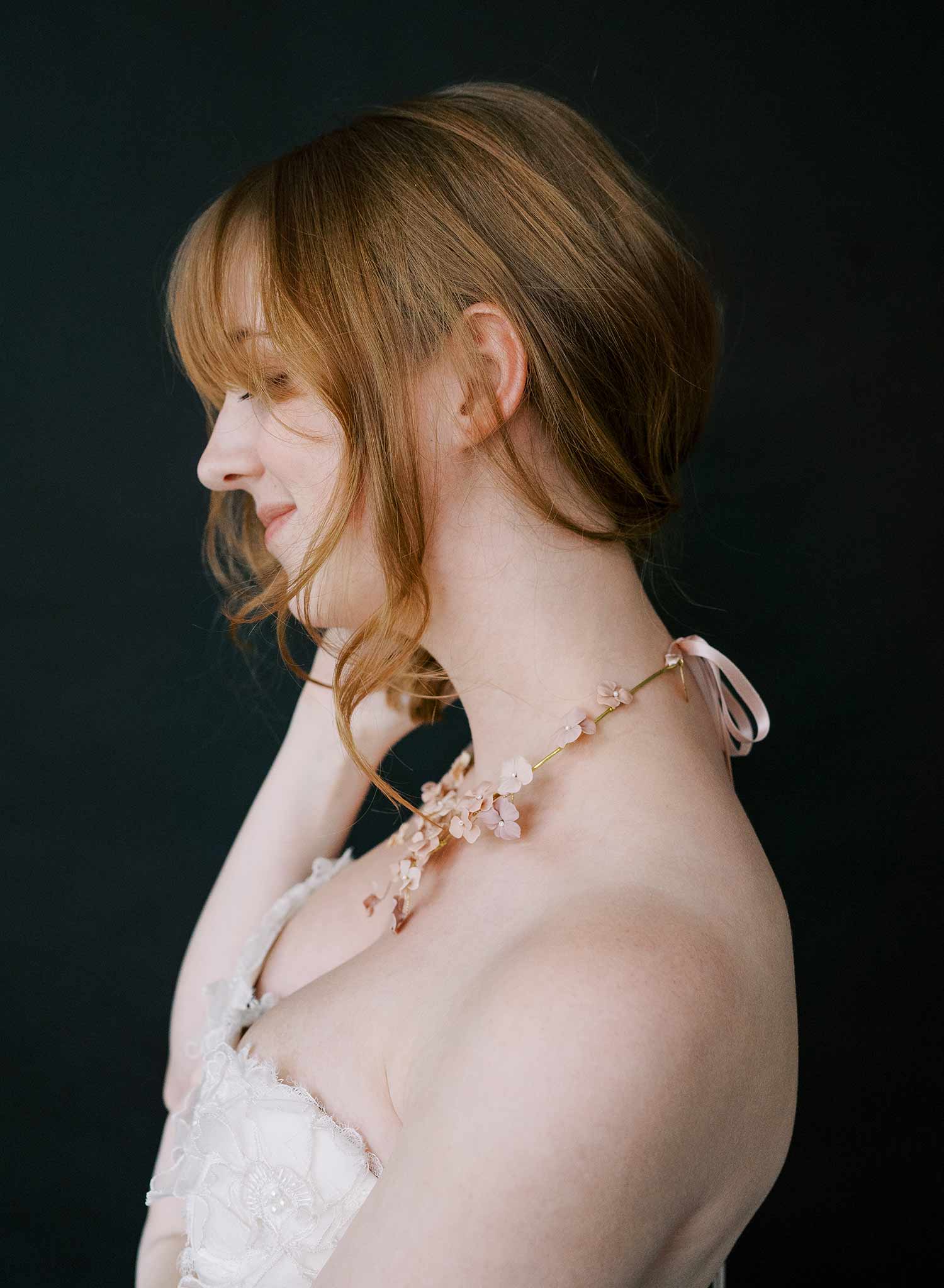 Hand sculpted clay flower bridal necklace in blush by Twigs & Honey.