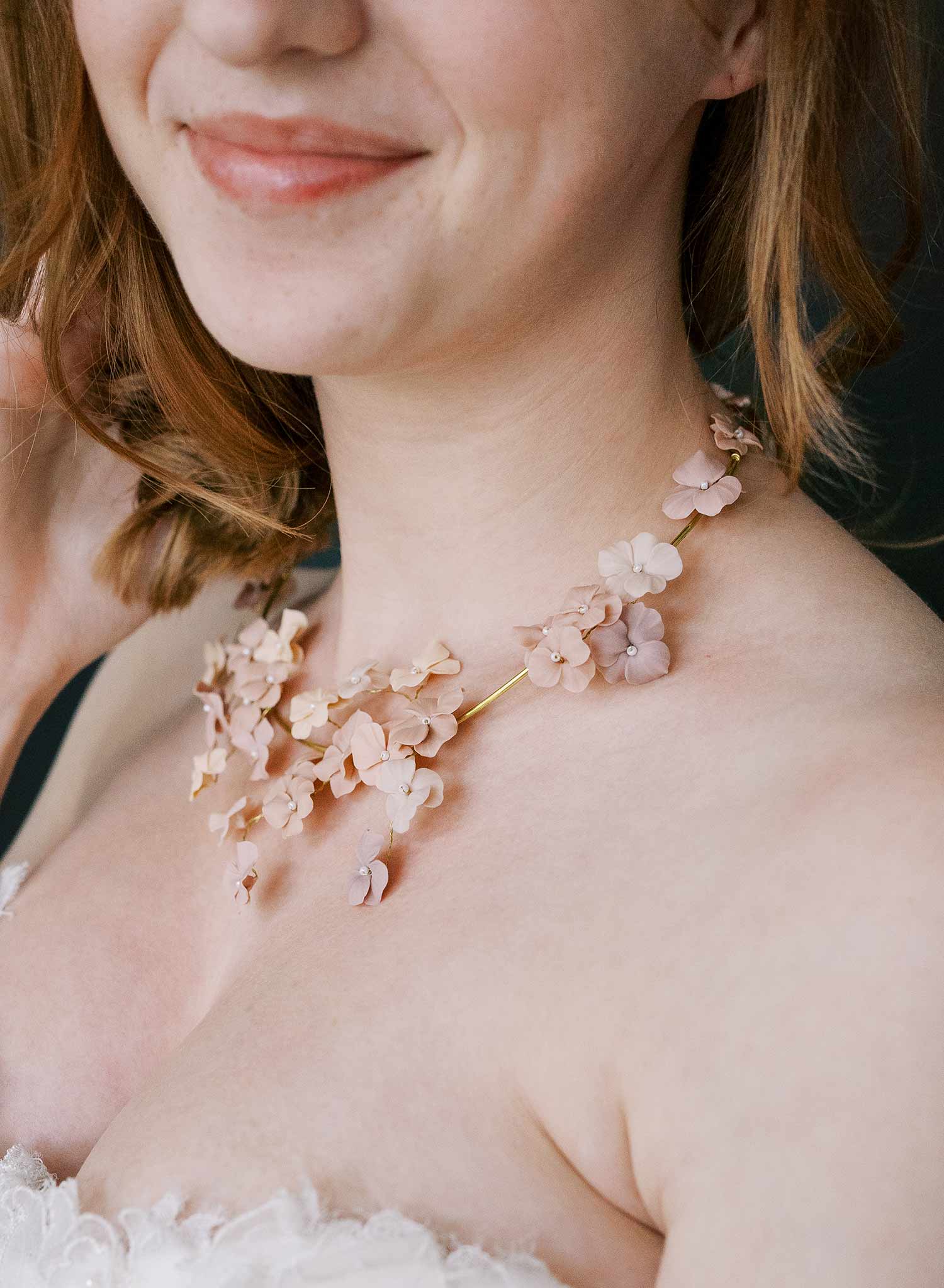 Hand sculpted clay flower bridal necklace in blush by Twigs & Honey.