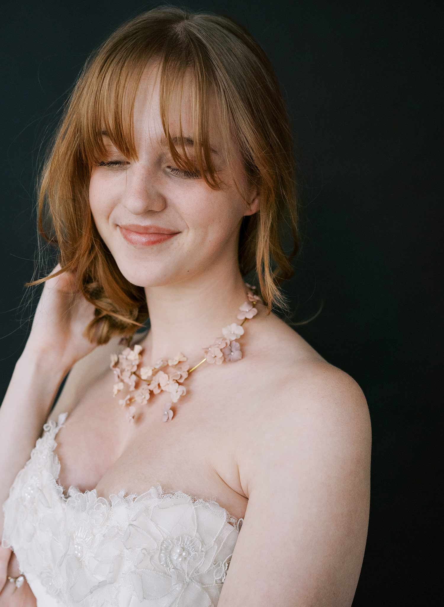 Hand sculpted clay flower bridal necklace in blush by Twigs & Honey.