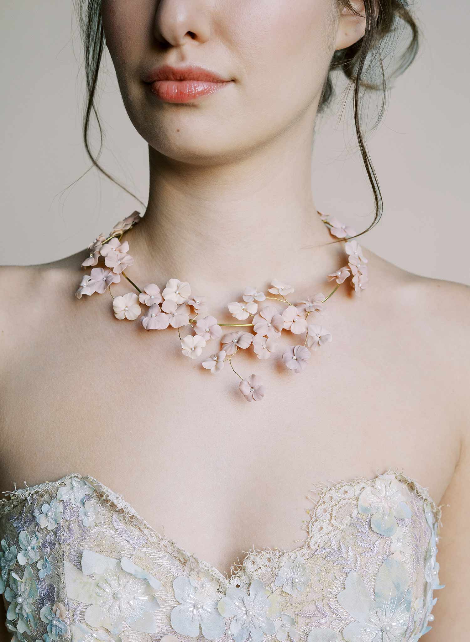 Hand sculpted clay flower bridal necklace in blush by Twigs & Honey.