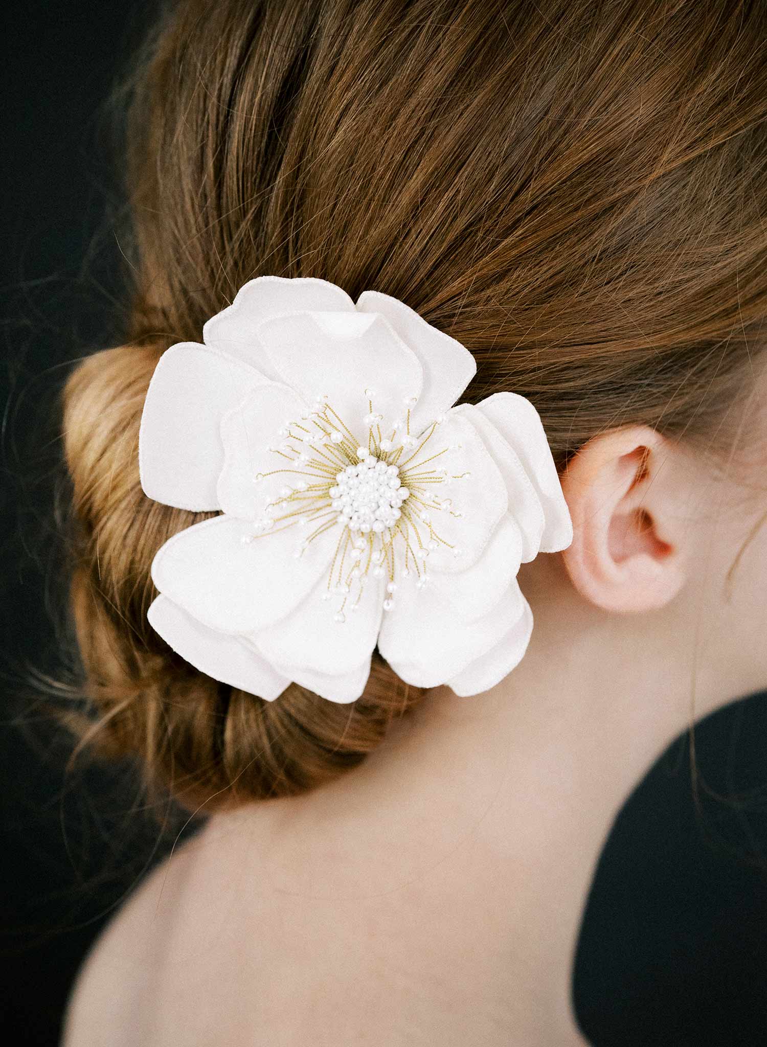 Hand embroidered wedding hair flower on a comb by Twigs and honey