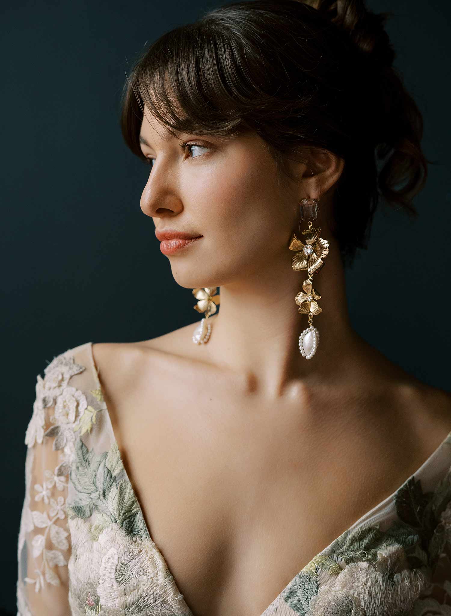 Gold plated magnolia flower and pearl bridal earrings. Twigs and Honey