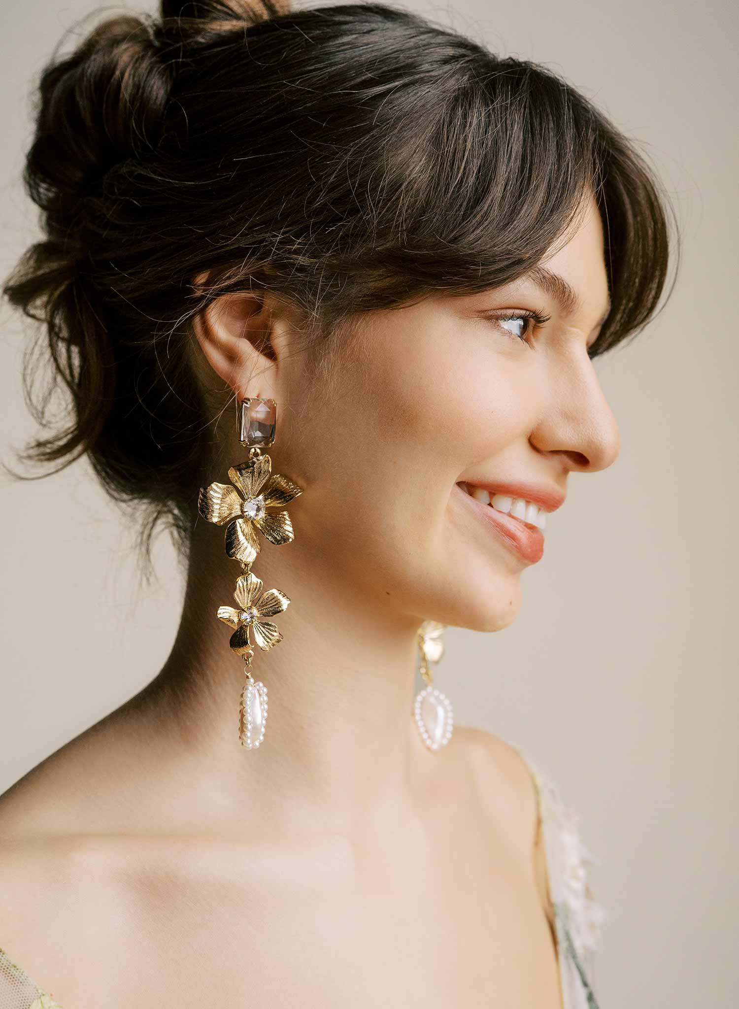 Gold plated magnolia flower and pearl bridal earrings. Twigs and Honey