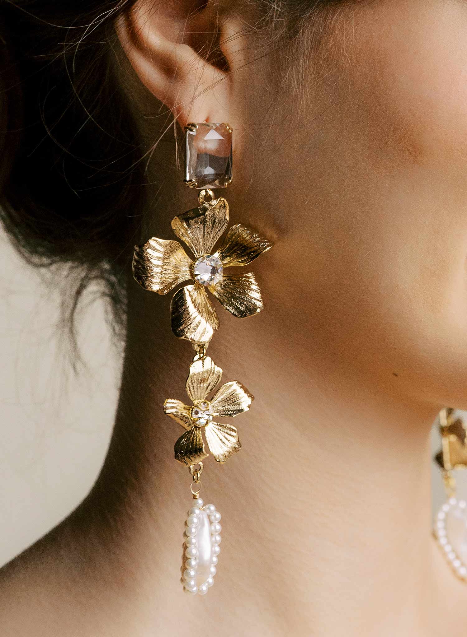 Gold plated magnolia flower and pearl bridal earrings. Twigs and Honey