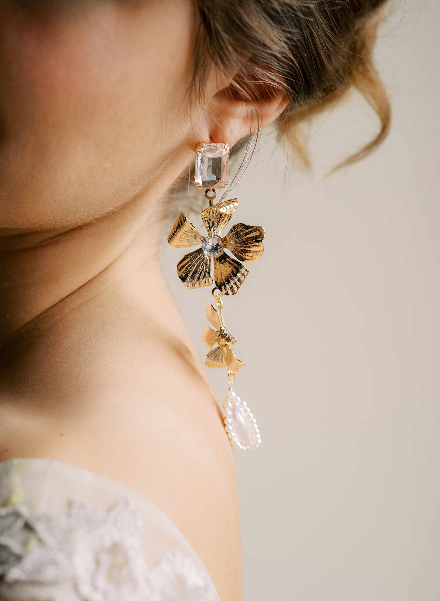 Gold plated magnolia flower and pearl bridal earrings. Twigs and Honey