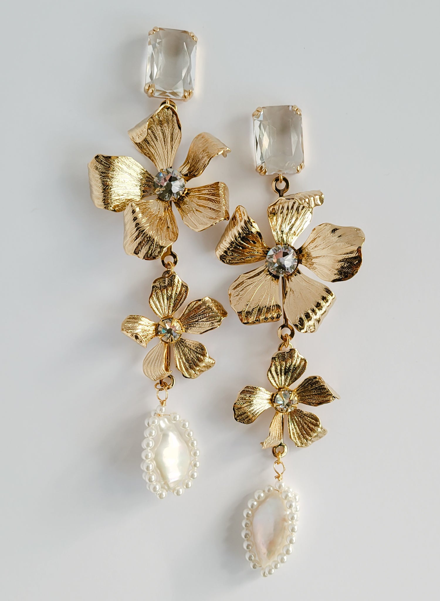 Gold plated magnolia flower and pearl bridal earrings. Twigs and Honey