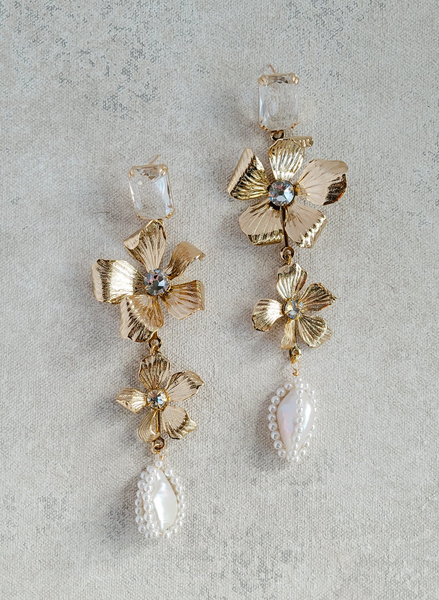 Gold plated magnolia flower and pearl bridal earrings. Twigs and Honey