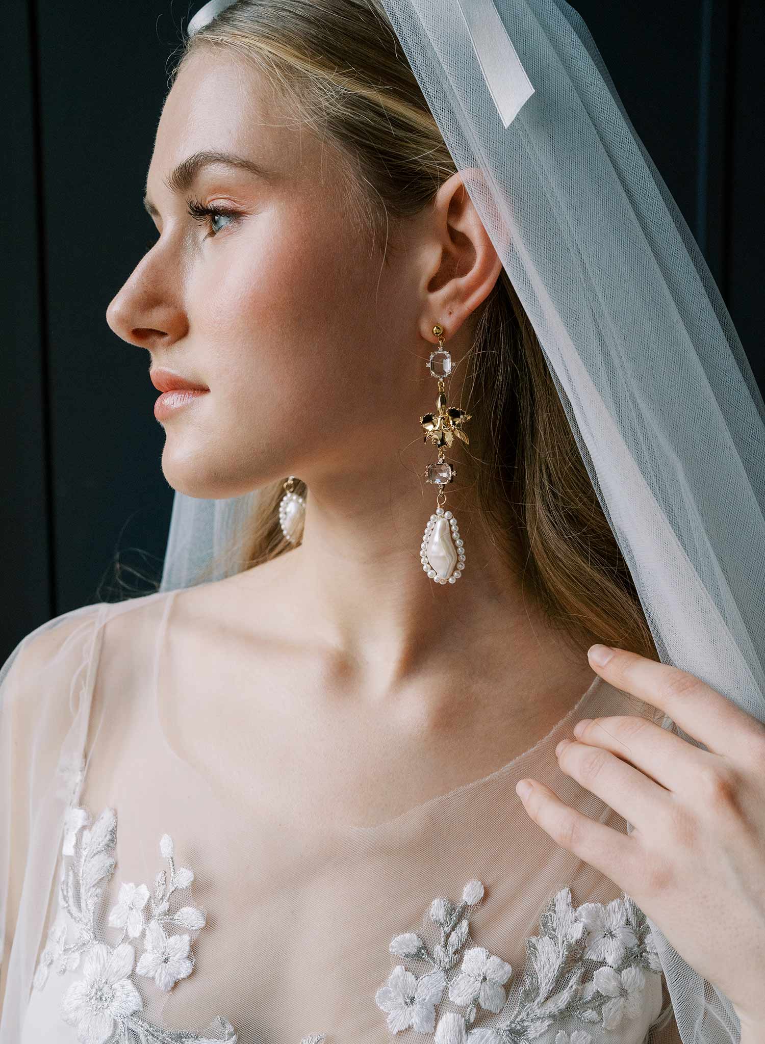 Crystal and gold orchid wedding earrings by Twigs and Honey