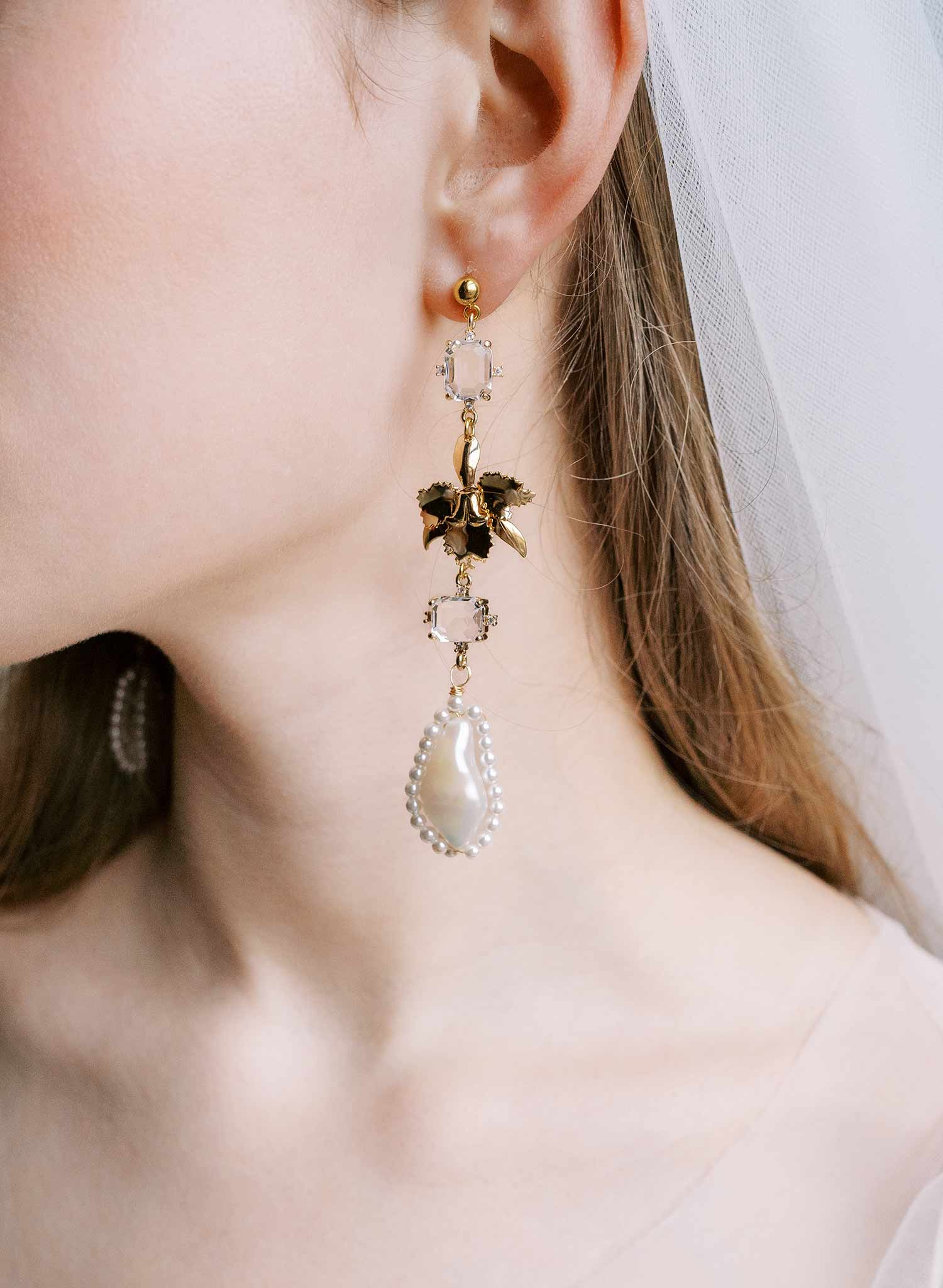 Crystal and gold orchid wedding earrings by Twigs and Honey