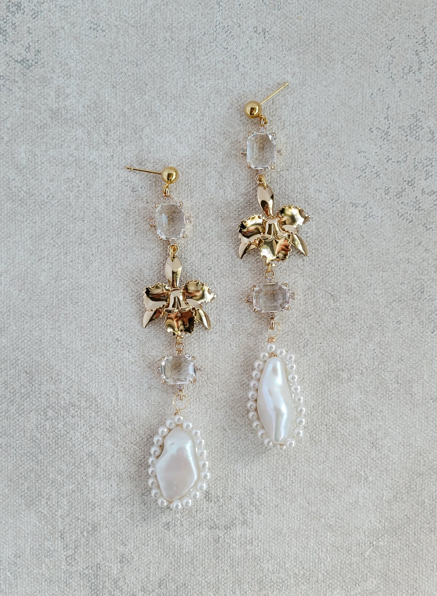 Crystal and gold orchid wedding earrings by Twigs and Honey