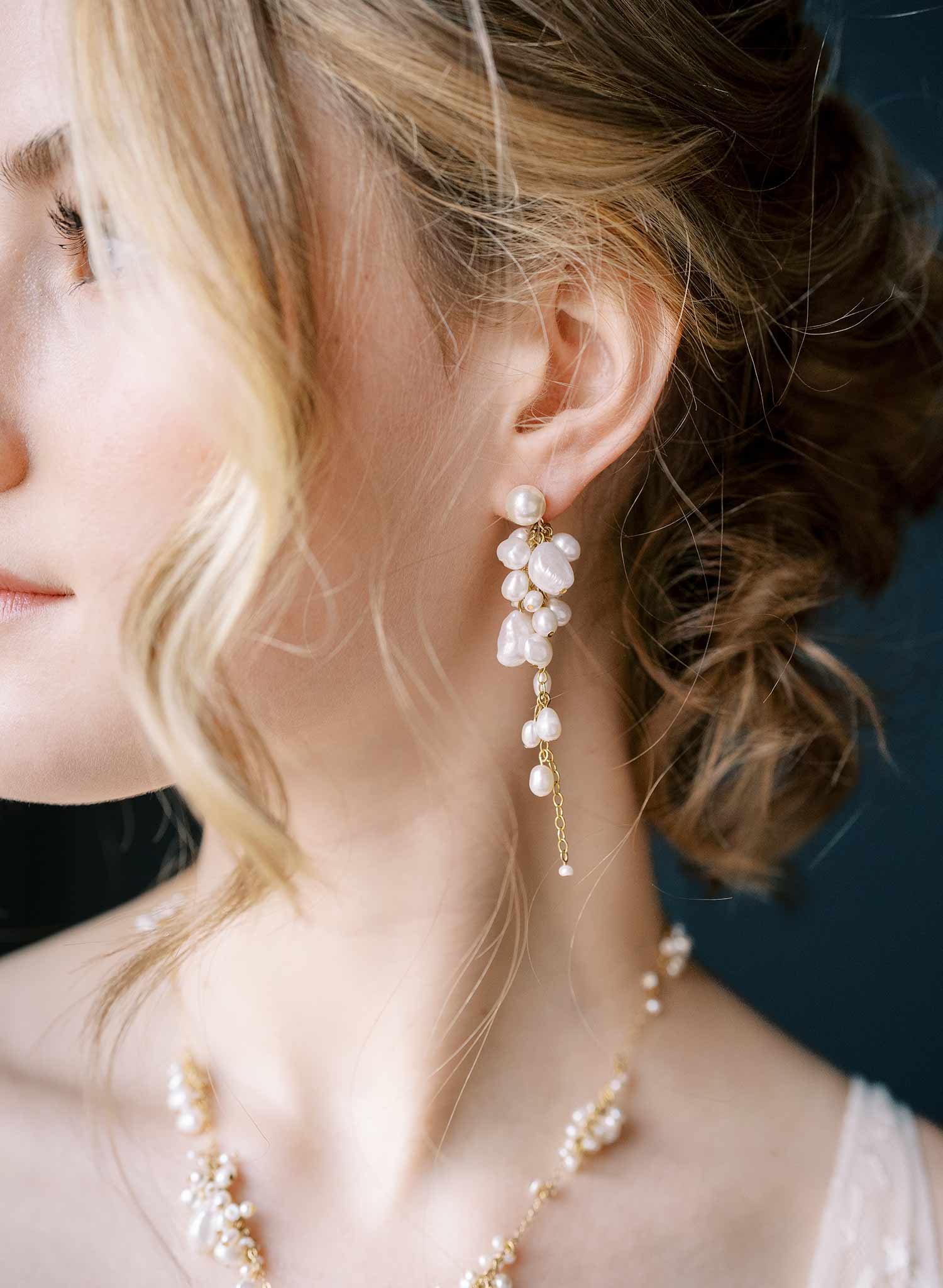 Clustered freshwater pearl and chain dangle earrings. Bridal jewelry by Twigs & Honey