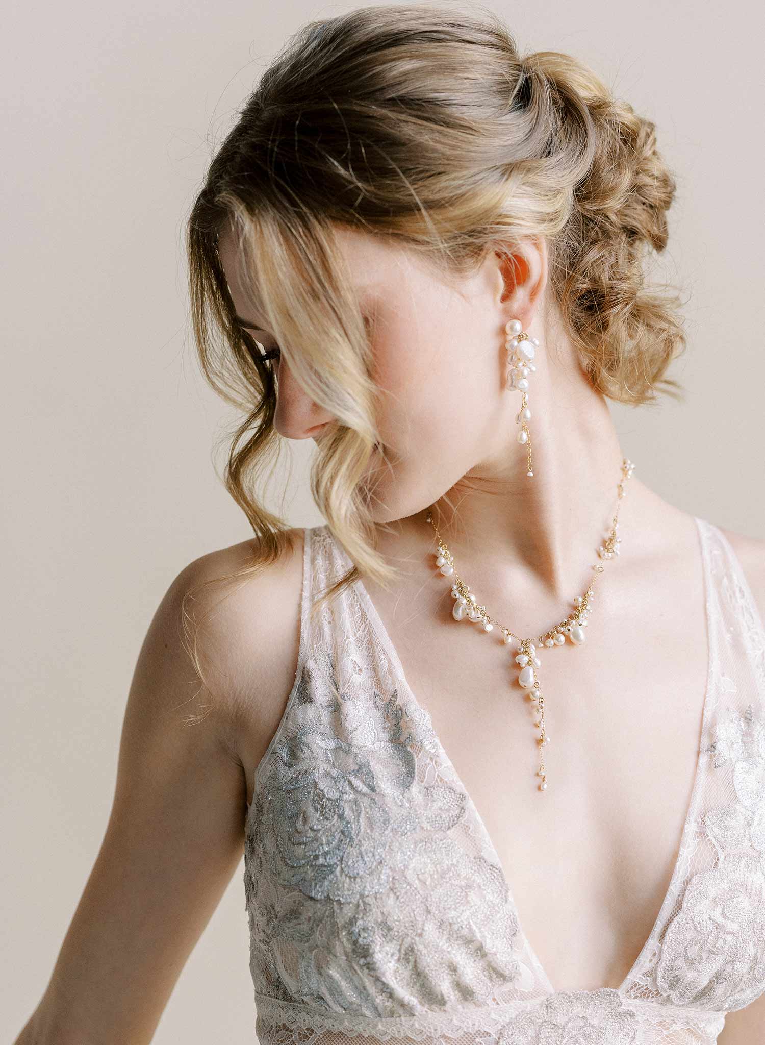 Freshwater pearl bridal necklace, clustered and dangling pearls on a gold chain by Twigs and Honey