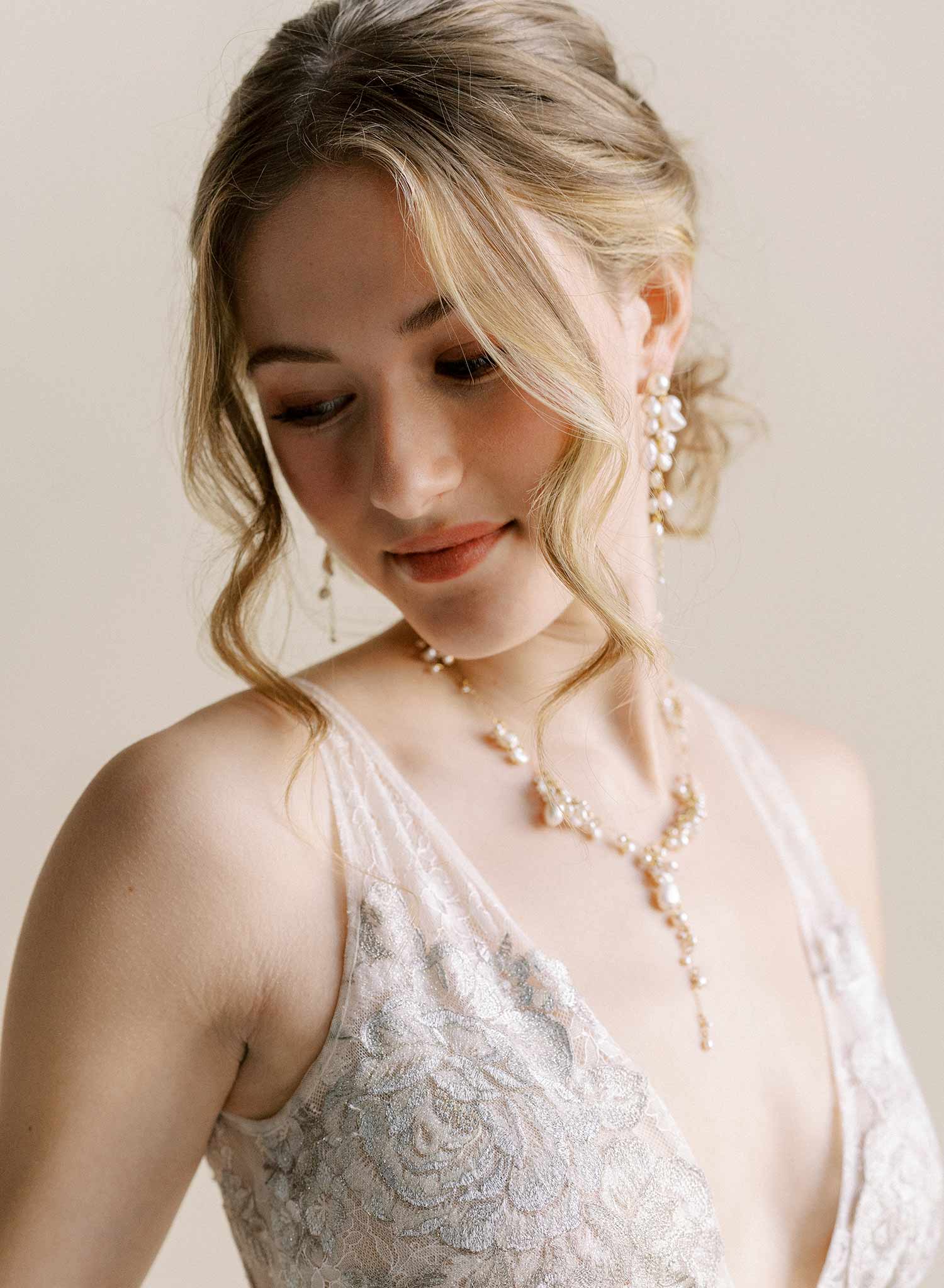 Freshwater pearl bridal necklace, clustered and dangling pearls on a gold chain by Twigs and Honey