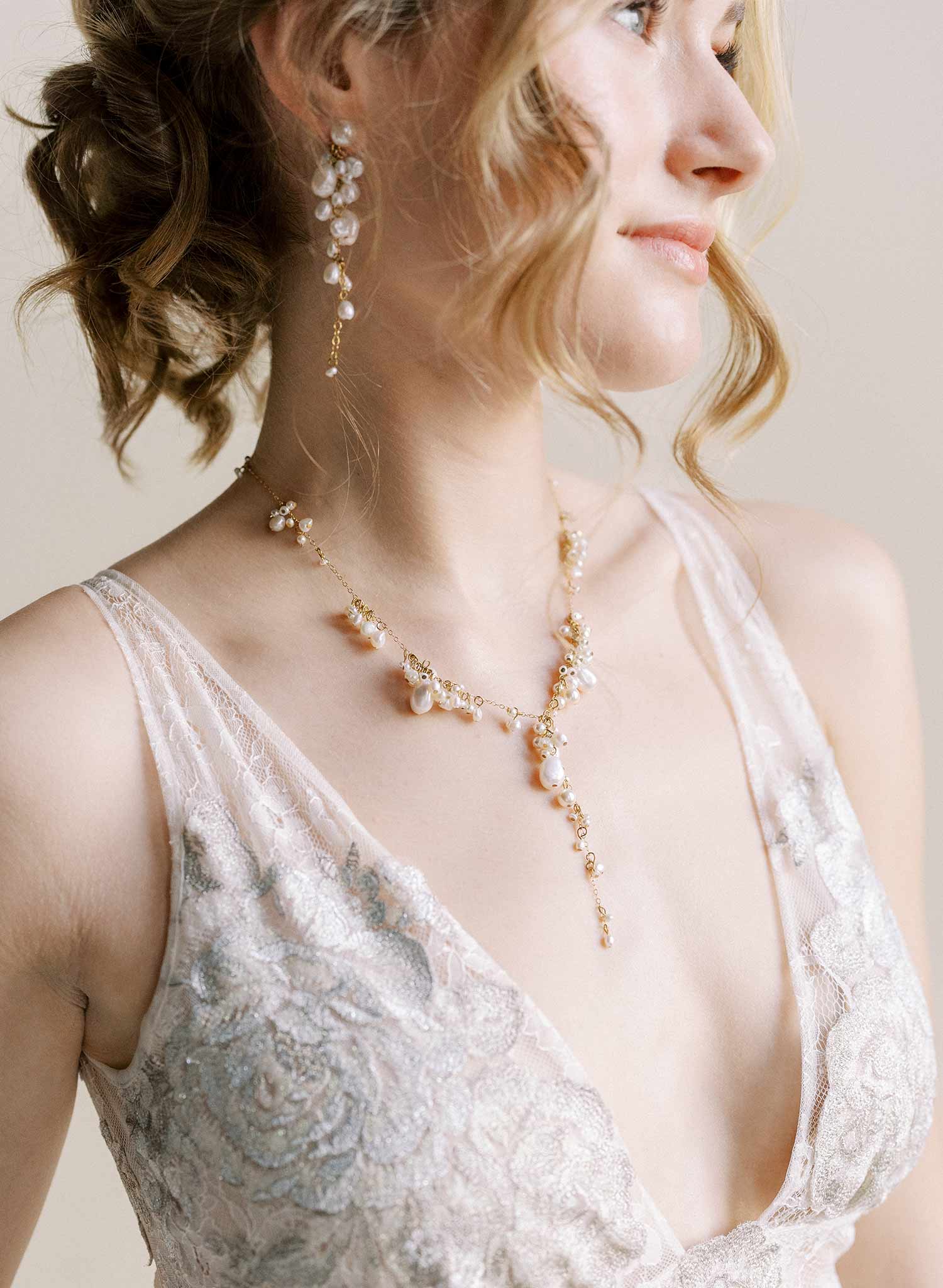 Freshwater pearl bridal necklace, clustered and dangling pearls on a gold chain by Twigs and Honey