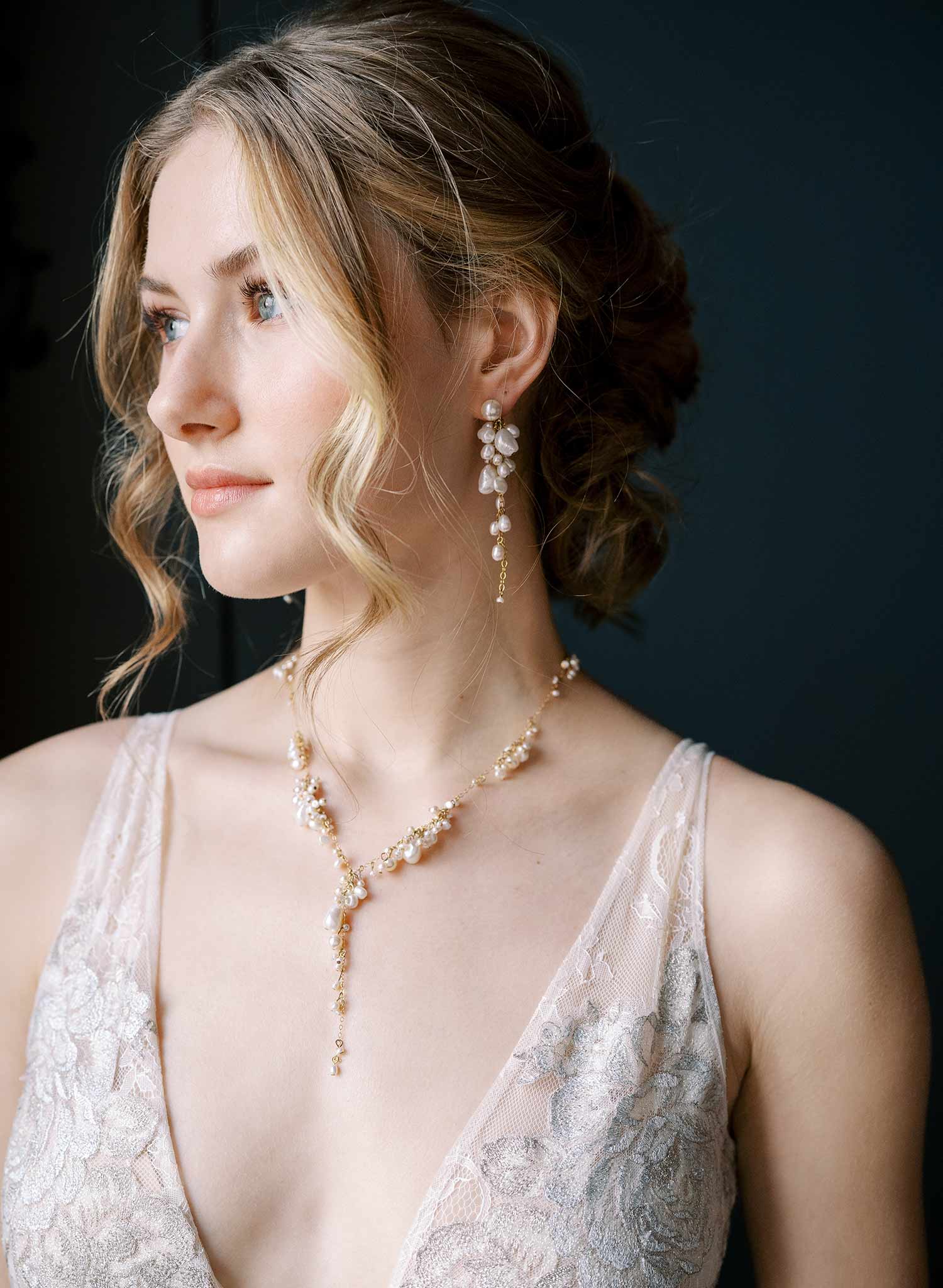 Freshwater pearl bridal necklace, clustered and dangling pearls on a gold chain by Twigs and Honey