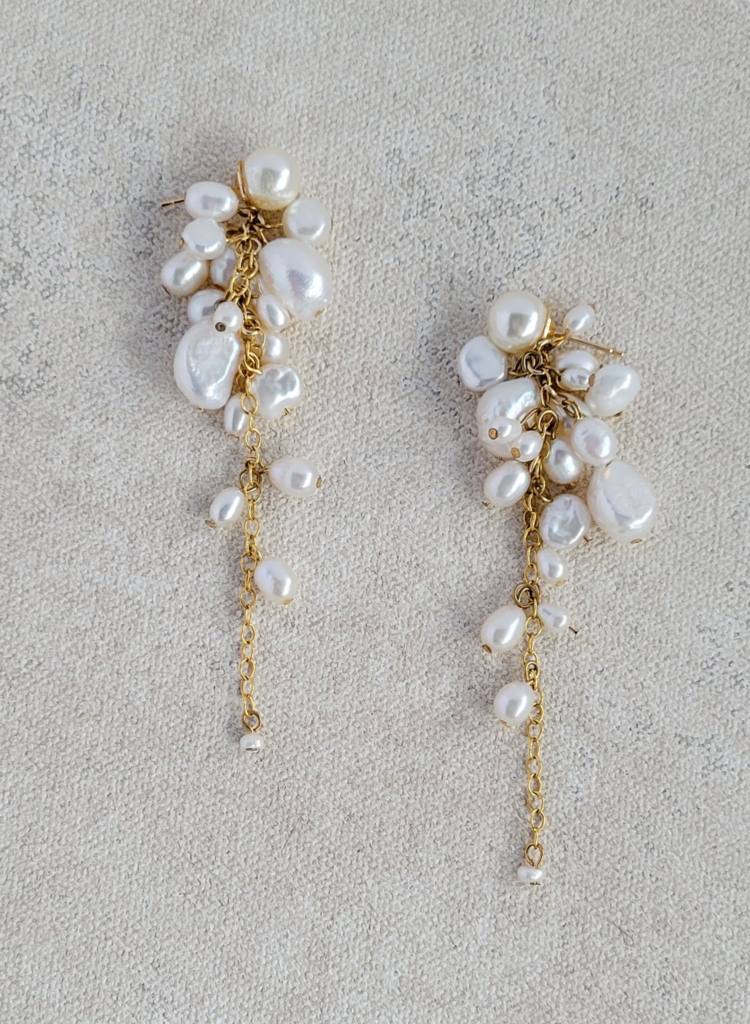 Clustered freshwater pearl and chain dangle earrings. Bridal jewelry by Twigs & Honey