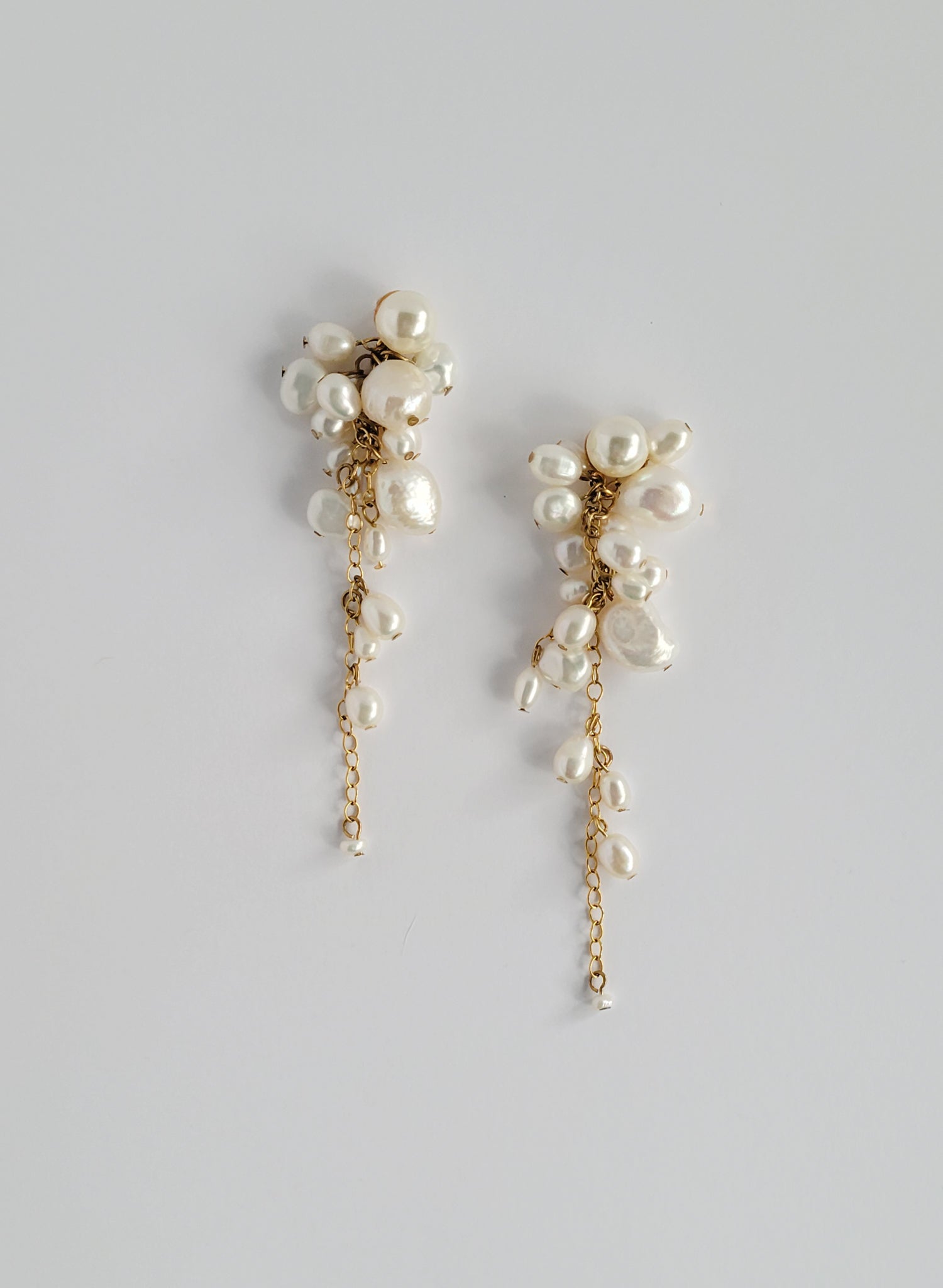 Clustered freshwater pearl and chain dangle earrings. Bridal jewelry by Twigs & Honey