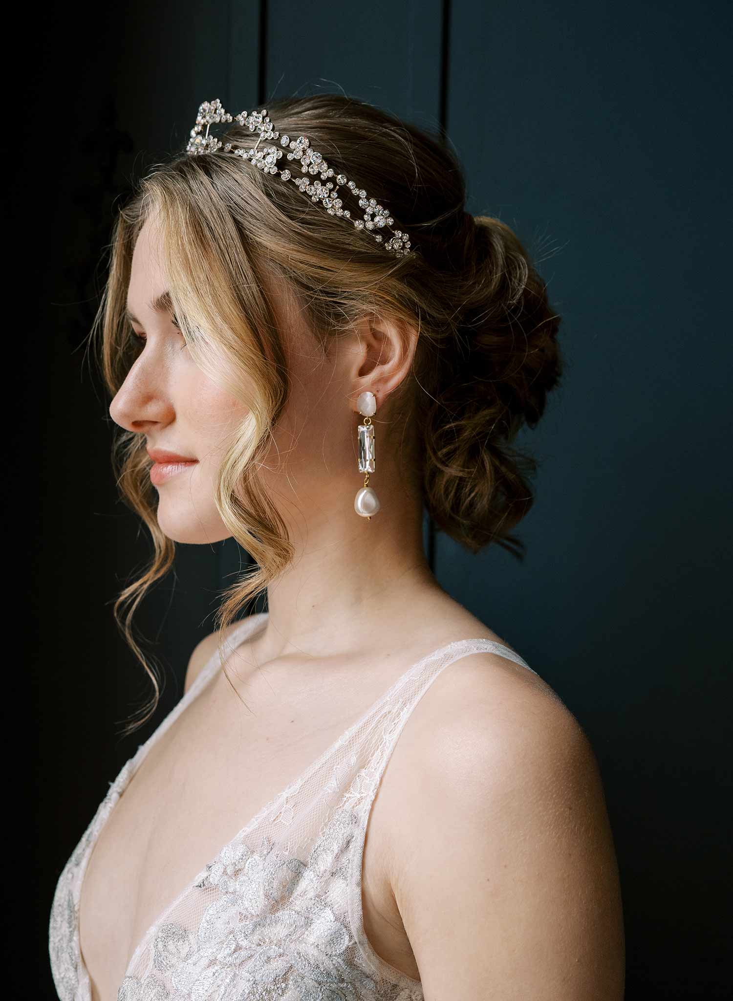 Long crystal rectangle earrings with pearls, baguette. By Twigs and Honey