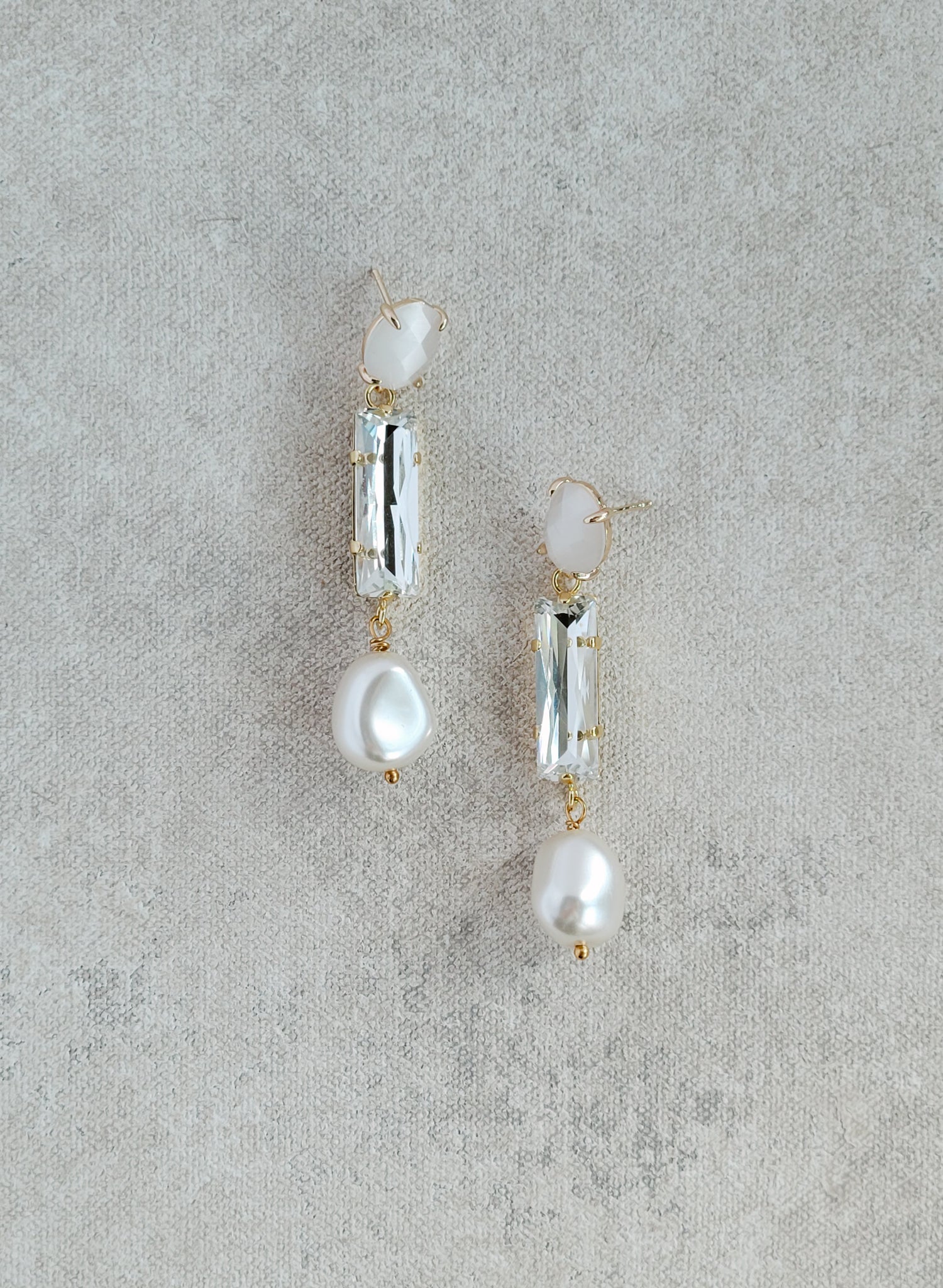 Long crystal rectangle earrings with pearls, baguette. By Twigs and Honey