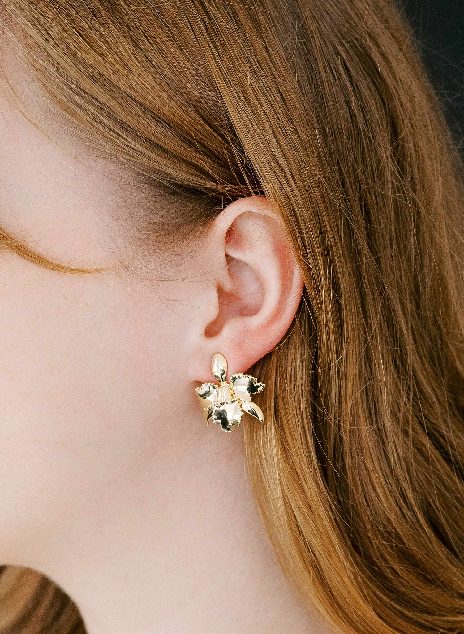 Tiny gold plated iris bridal earrings with post backs by Twigs and Honey