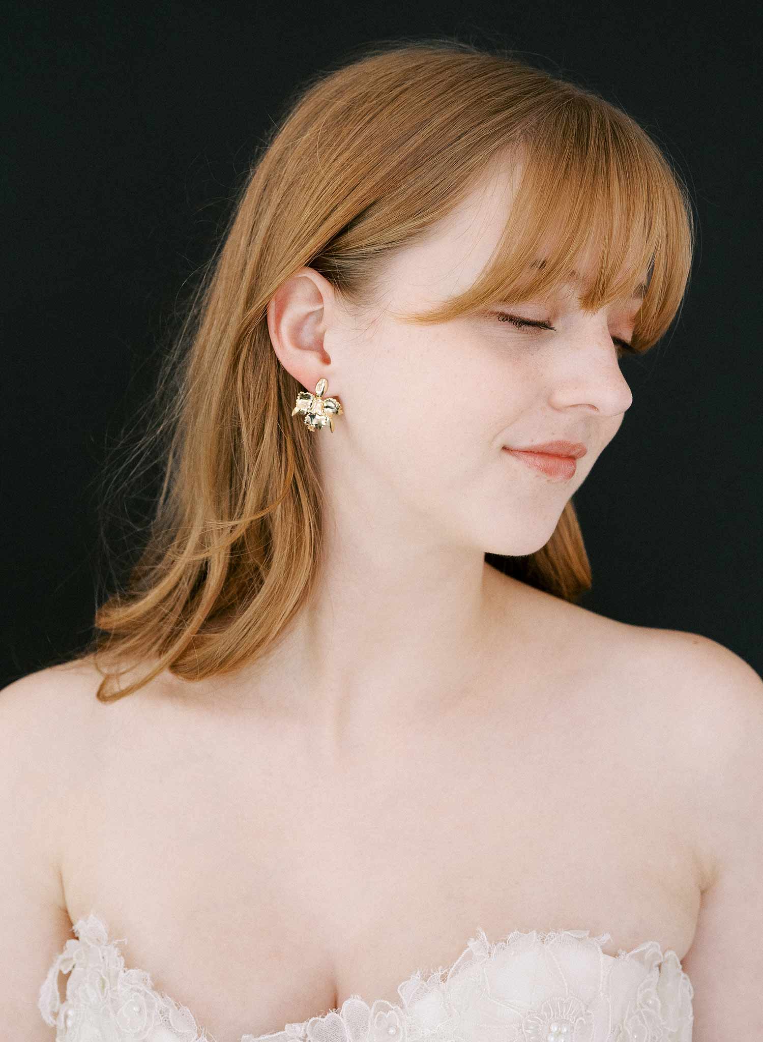 Tiny gold plated iris bridal earrings with post backs by Twigs and Honey