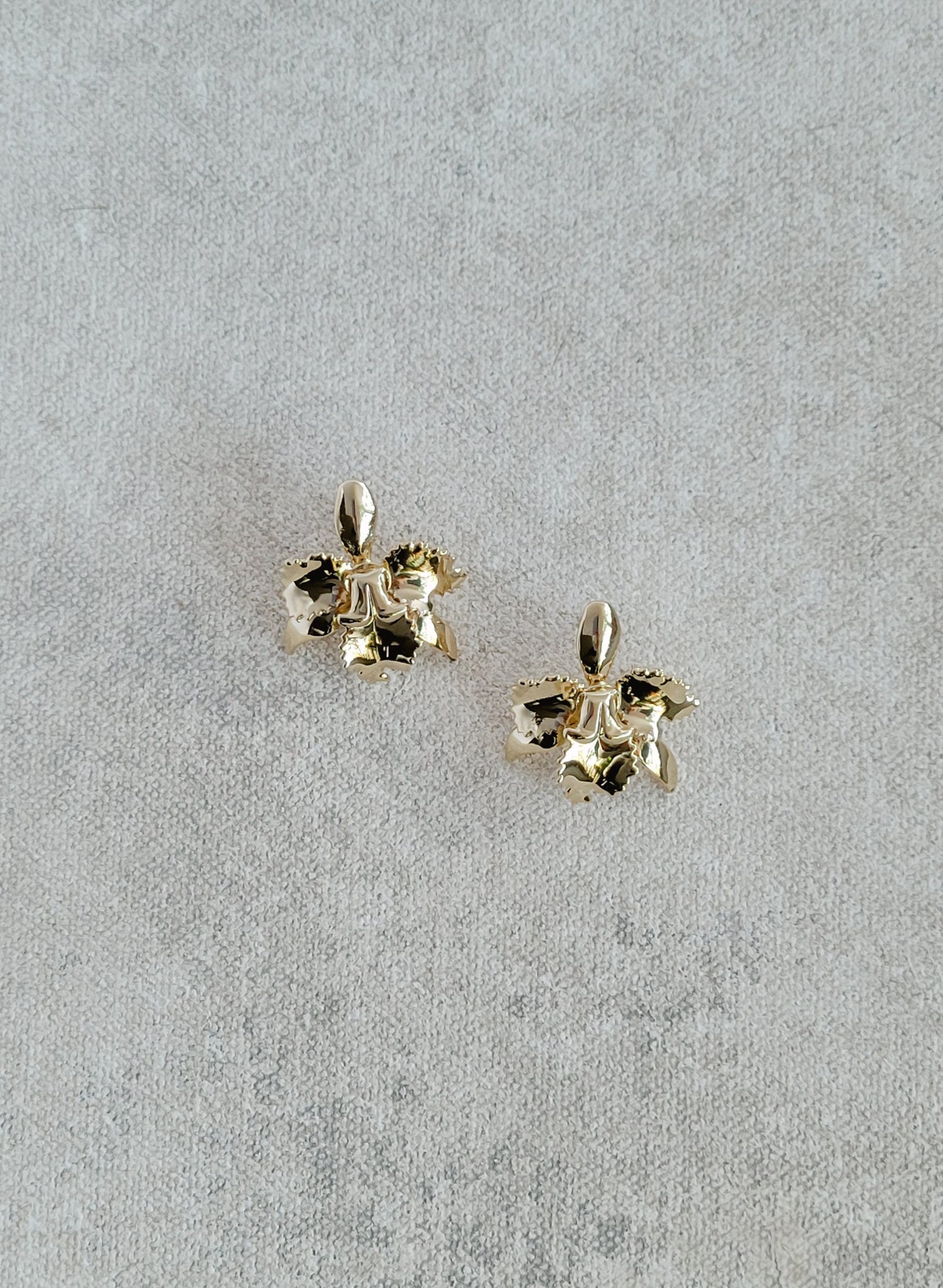 Tiny gold plated iris bridal earrings with post backs by Twigs and Honey