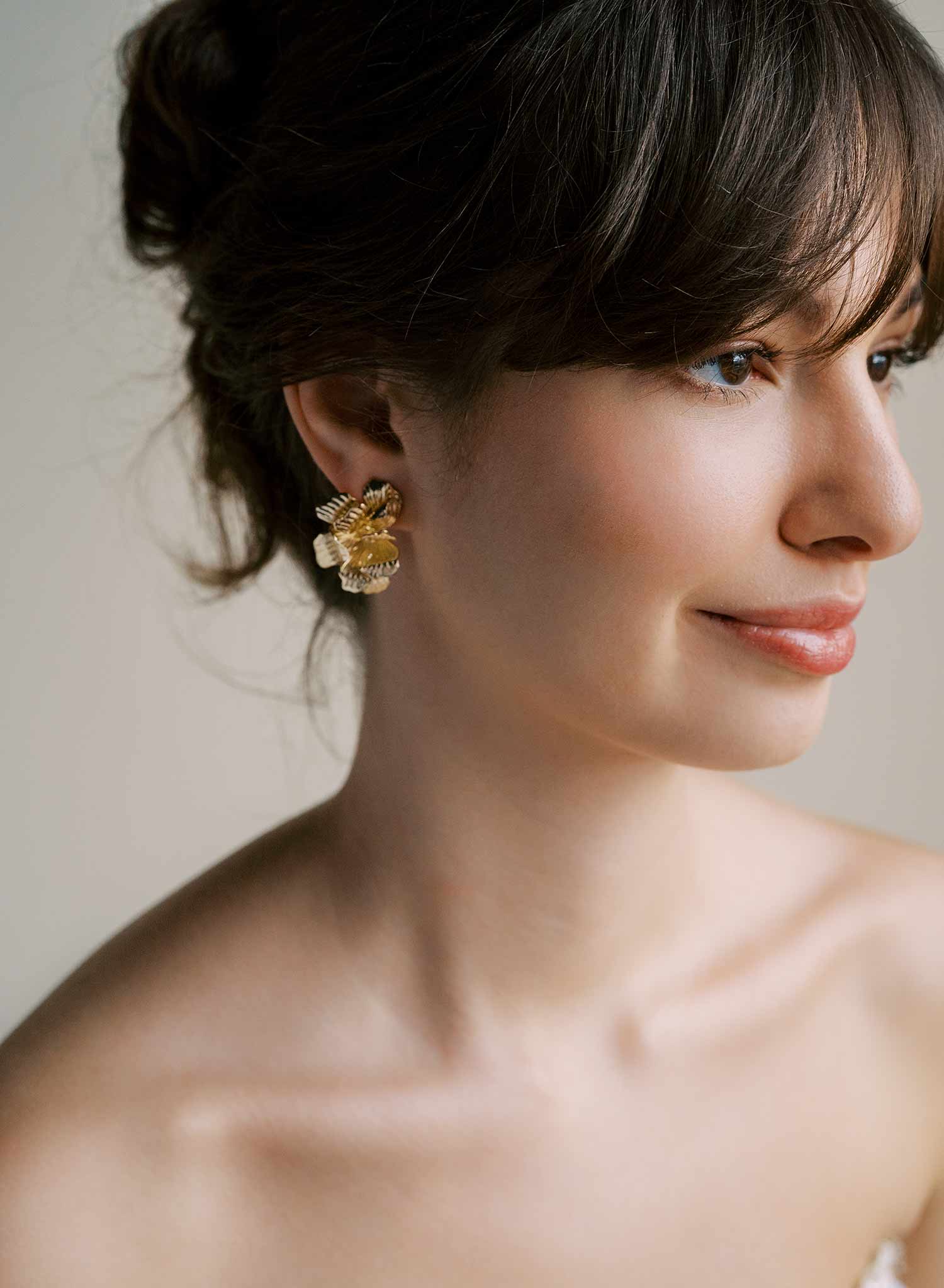 Abstract bent petal bridal earrings in gold with post backs. By Twigs and Honey