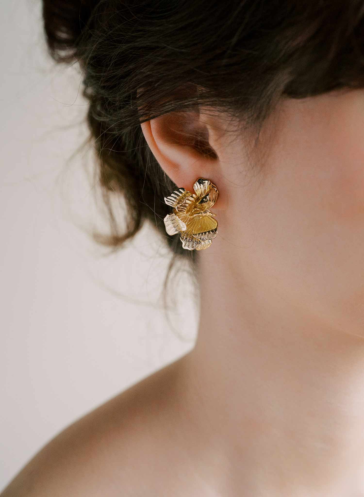 Abstract bent petal bridal earrings in gold with post backs. By Twigs and Honey